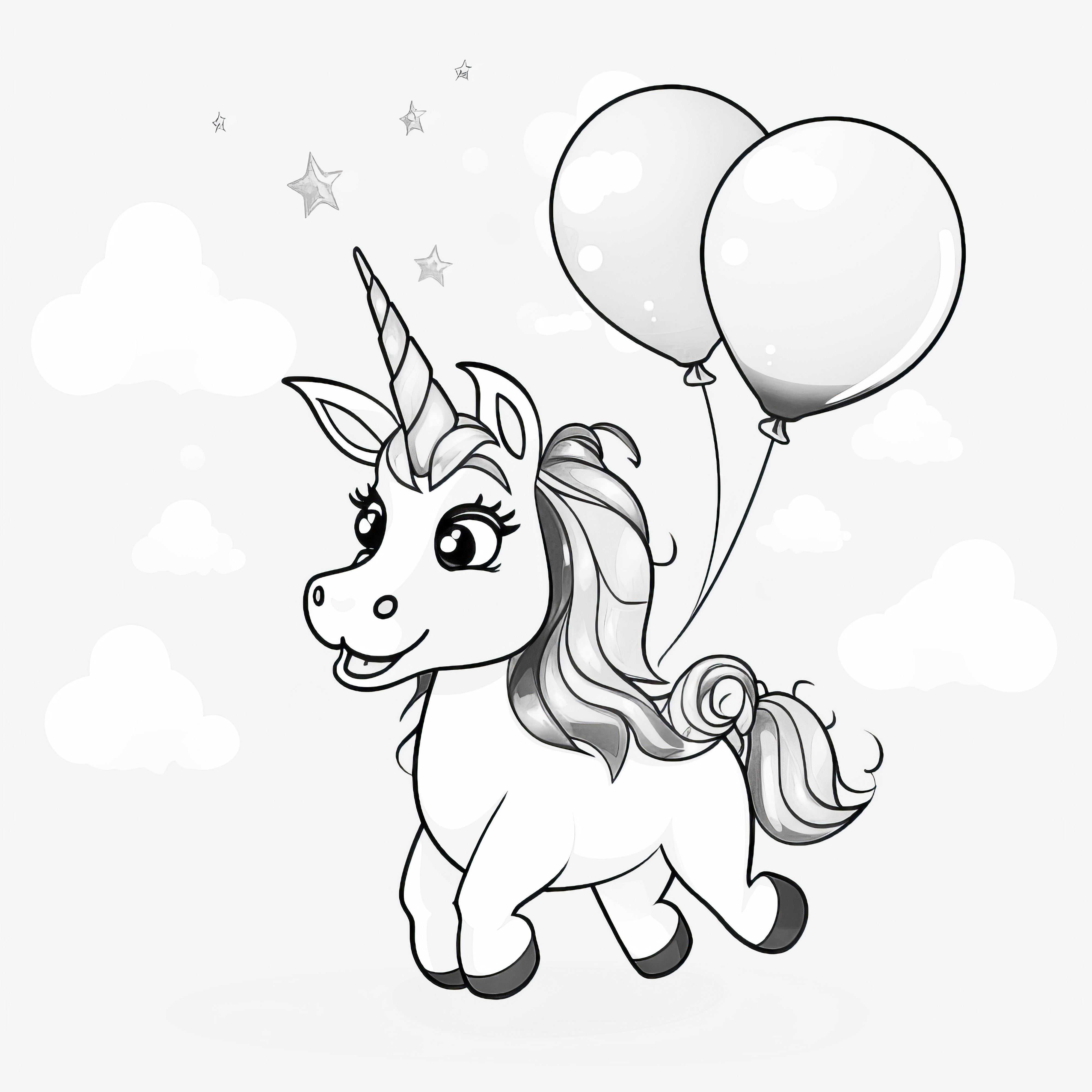 Flying unicorn with balloons: Free coloring picture for download