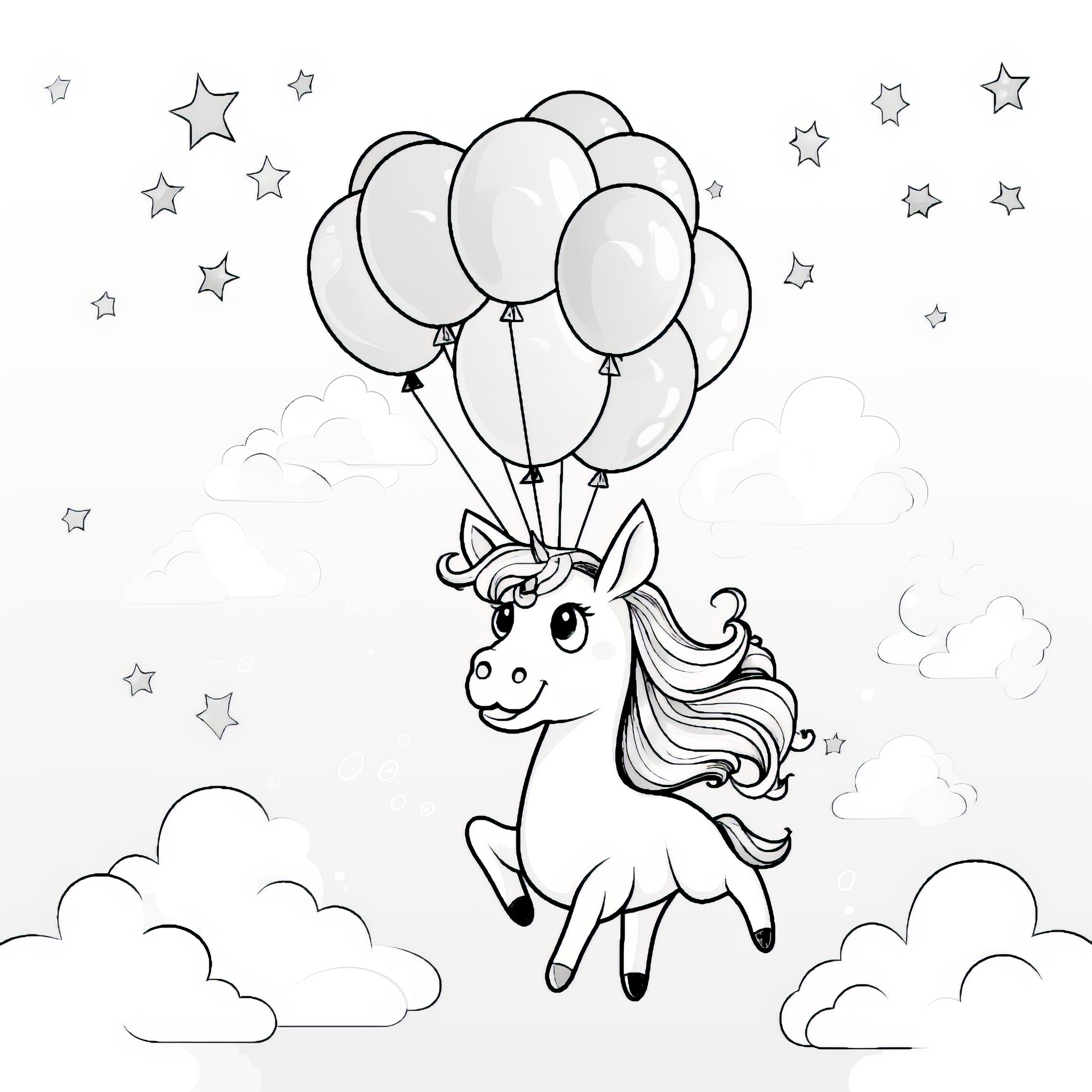 Unicorn flies with balloons above clouds and stars: coloring page for free