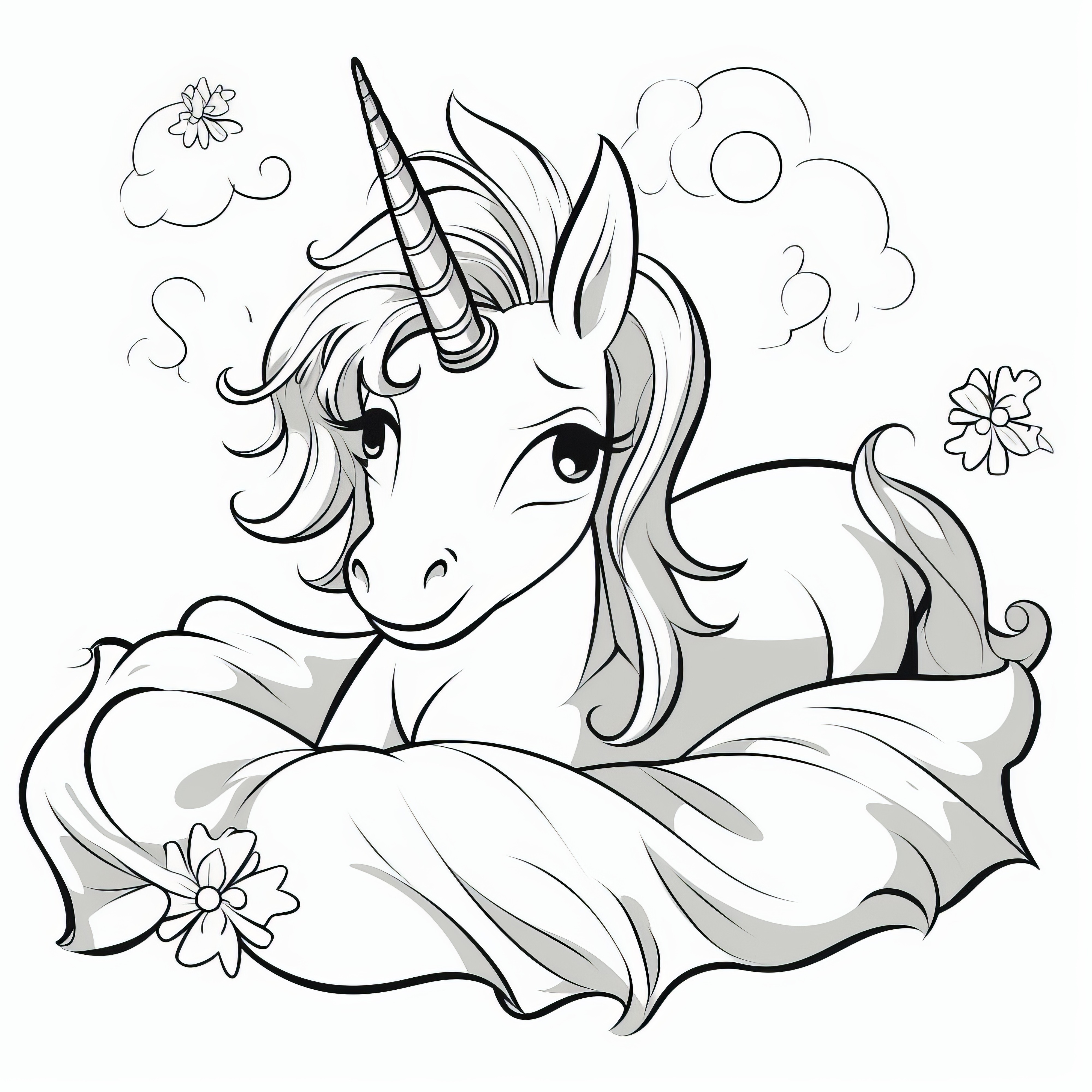 Unicorn floats on fluffy blanket: Coloring picture for download (free)