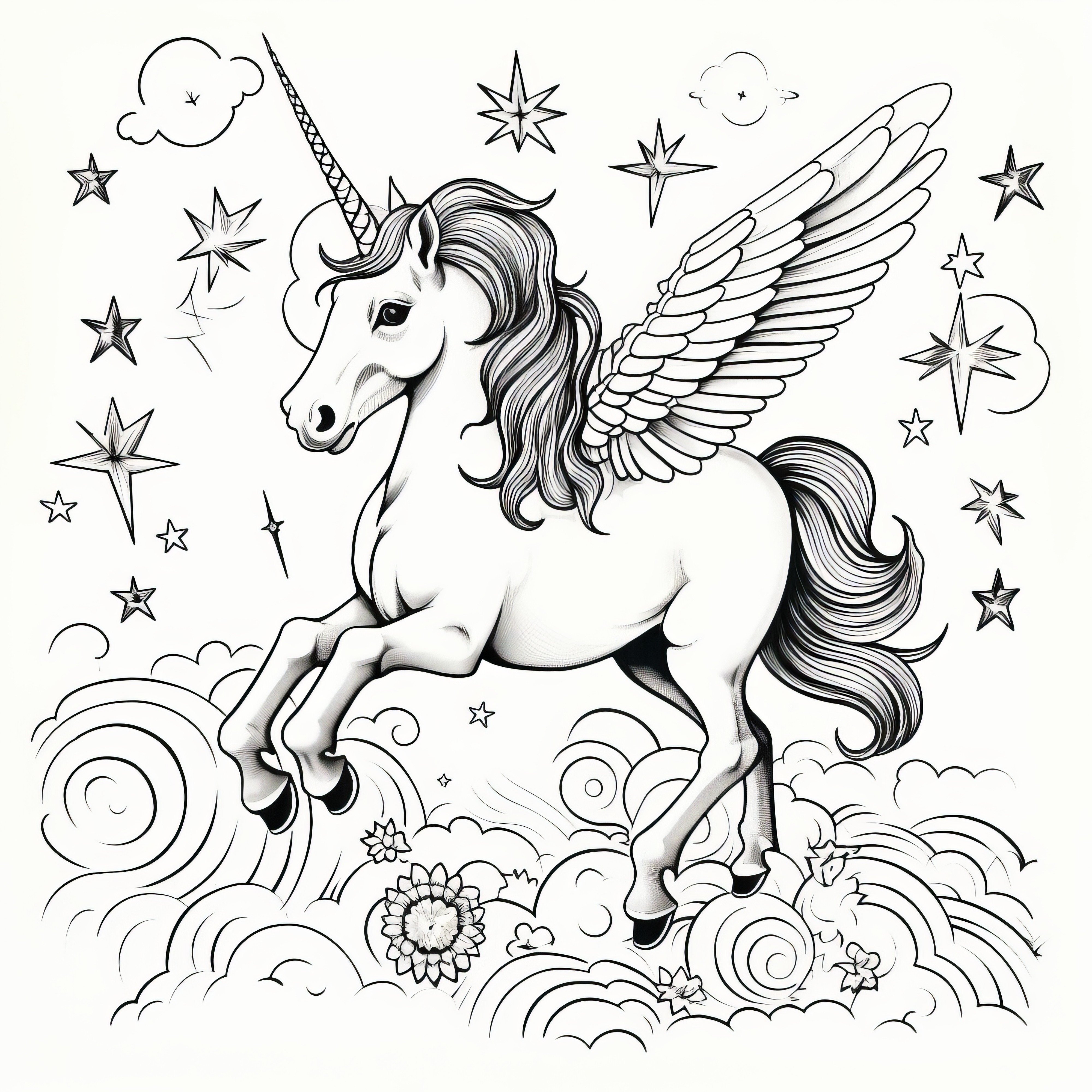 Flying unicorn with wings between stars and clouds (coloring page free)