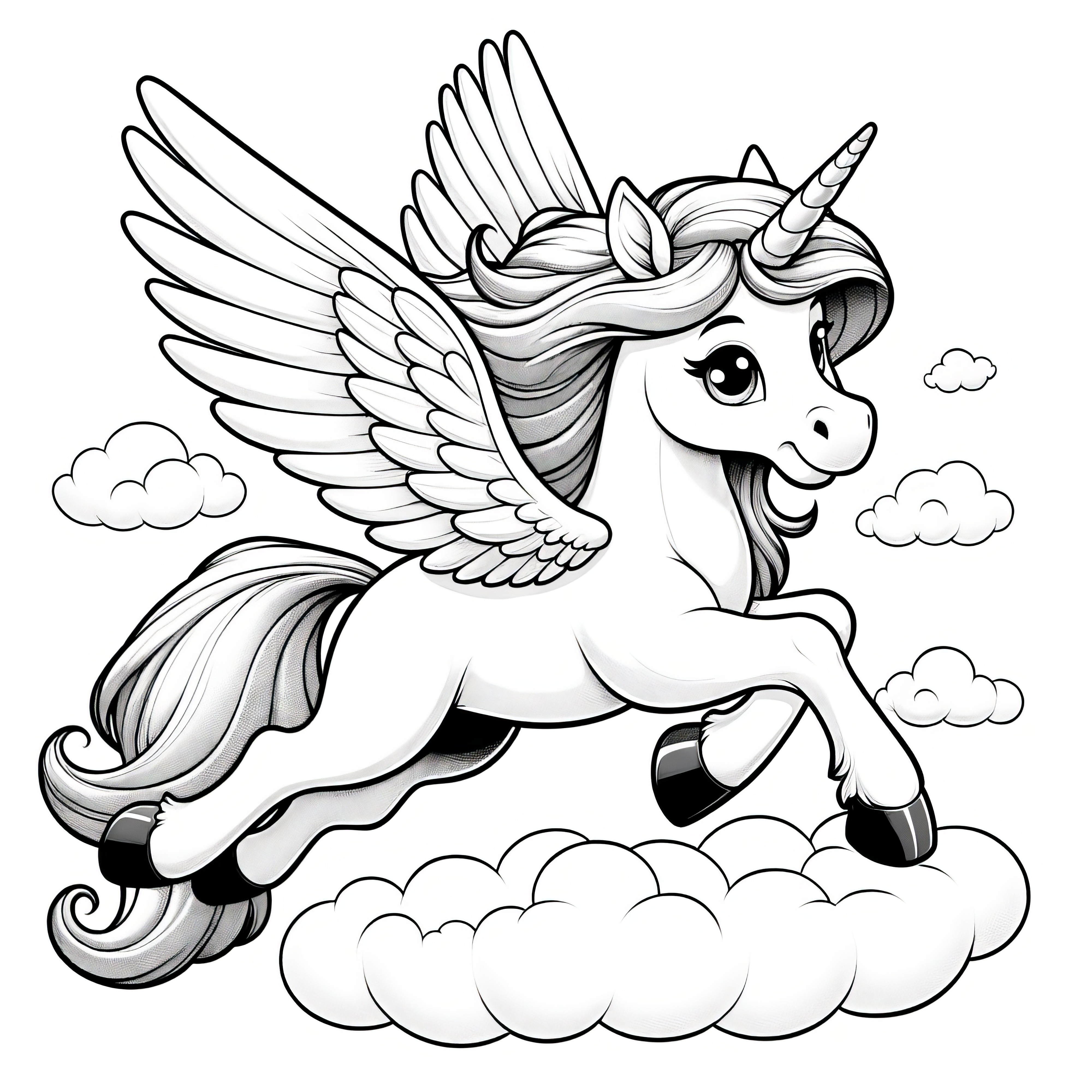 Unicorn zburător într-un peisaj cu nori: Desen de colorat gratuit