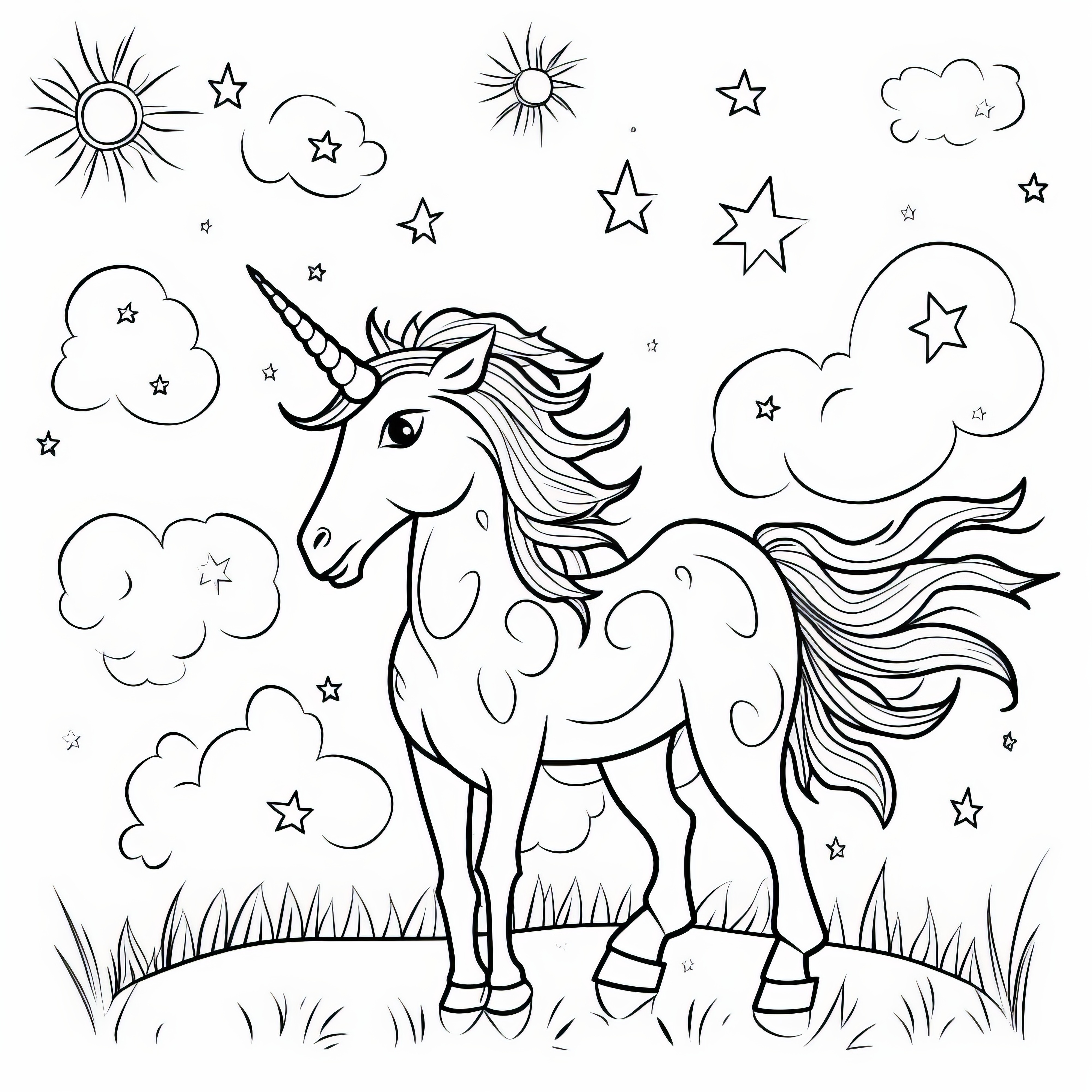 Unicorn on meadow with stars and clouds: Coloring picture for free