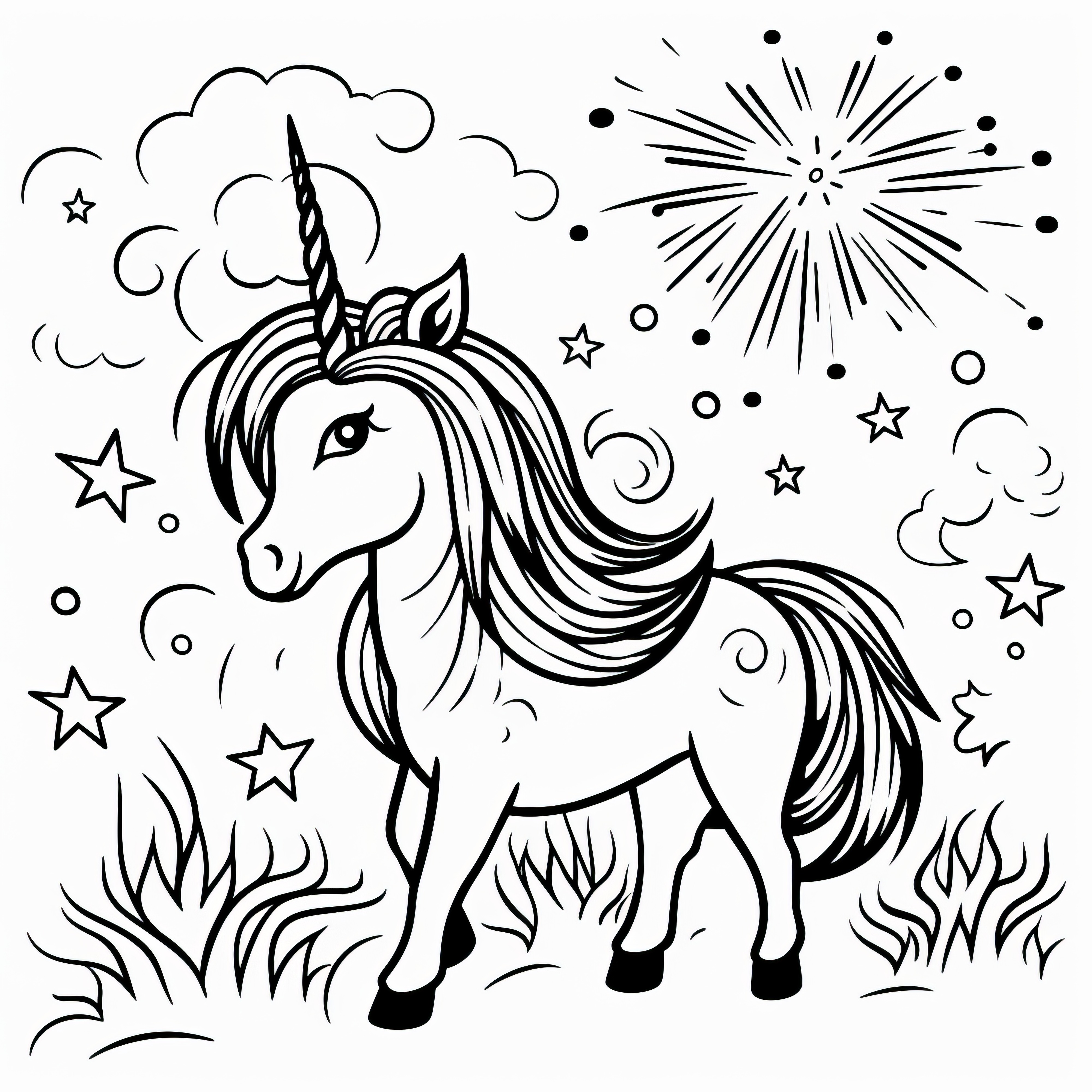 Unicorn in grassland with stars and fireworks: Coloring picture for free