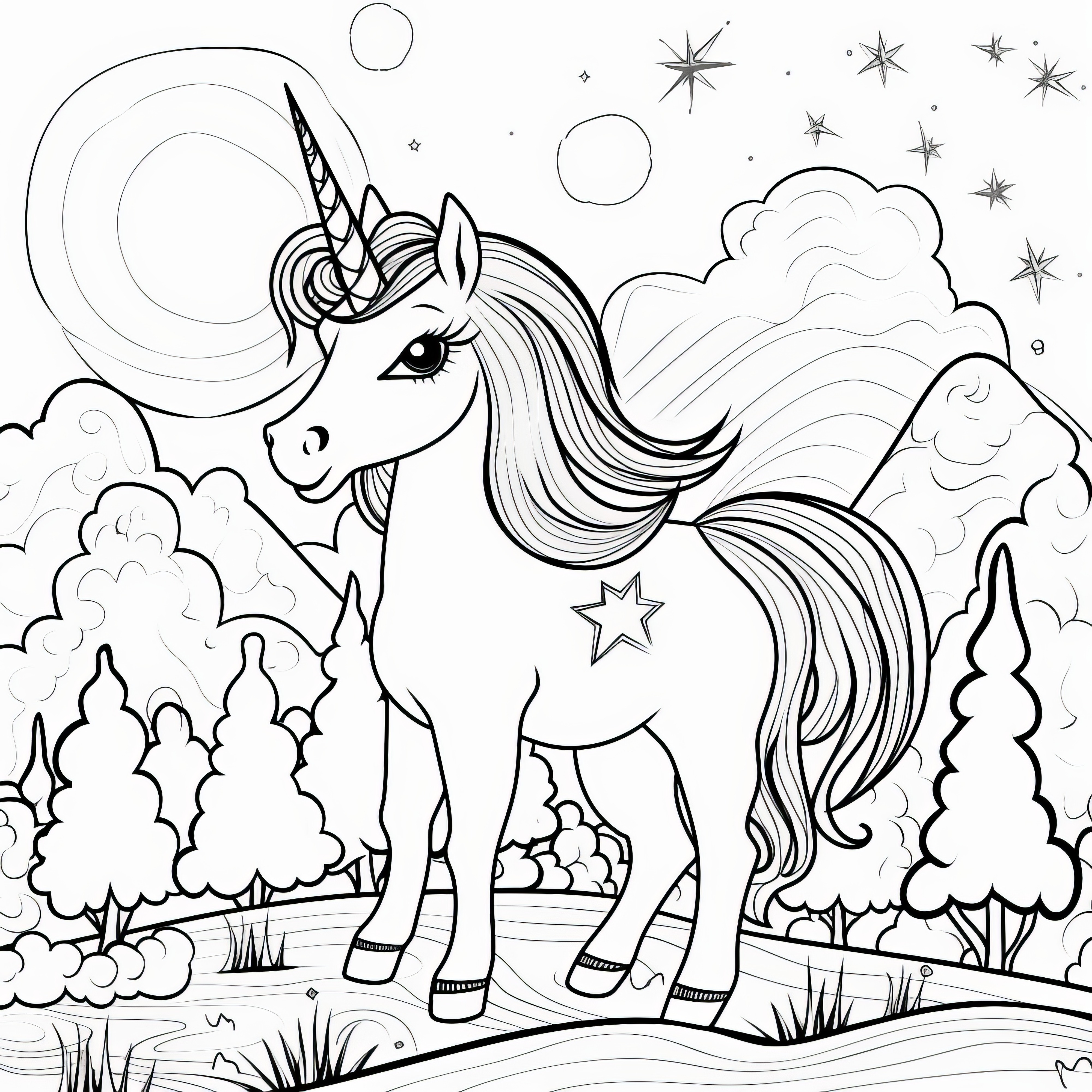 森と星が輝く風景の中のユニコーン：塗り絵 無料
