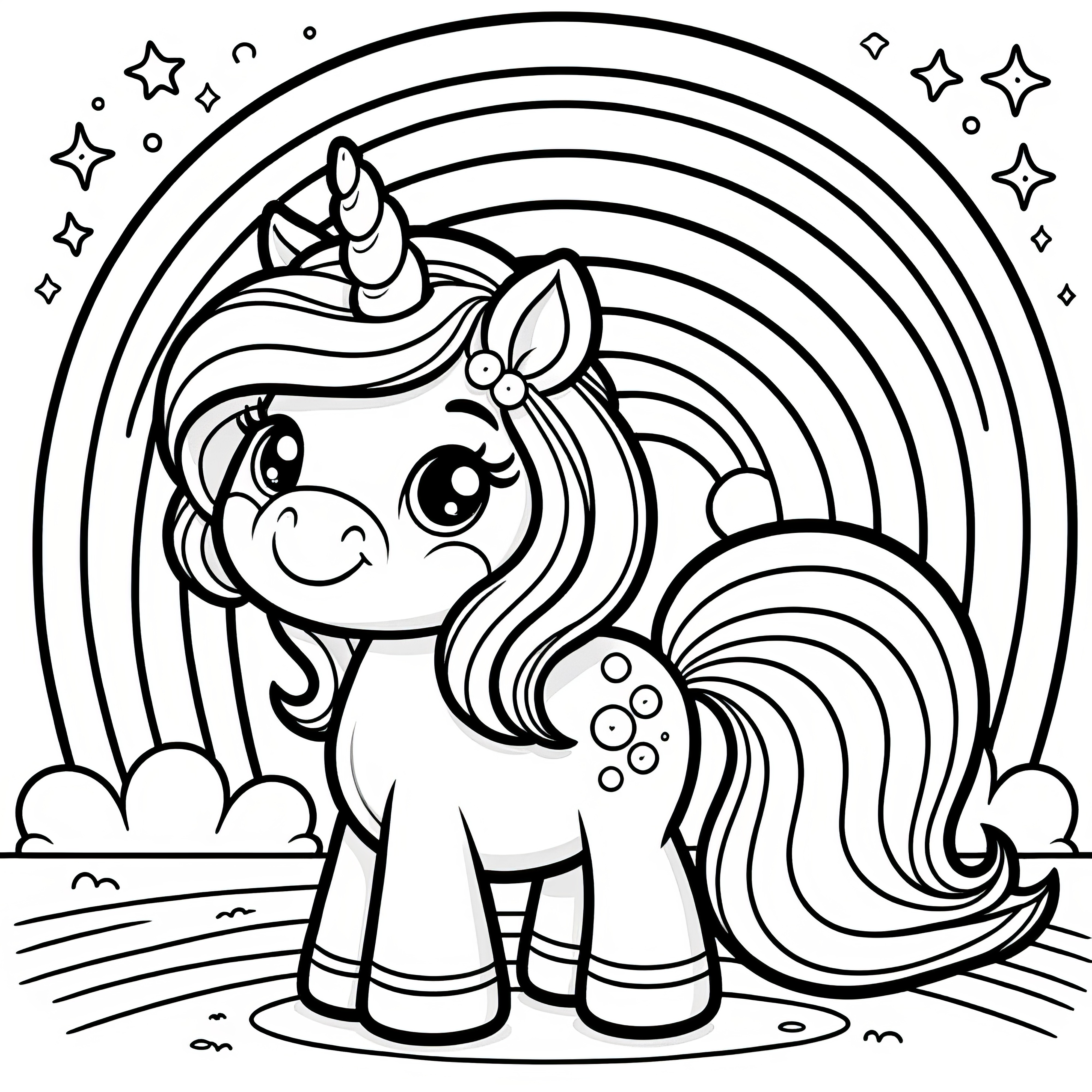 Shining unicorn under rainbow as a coloring picture (Free)