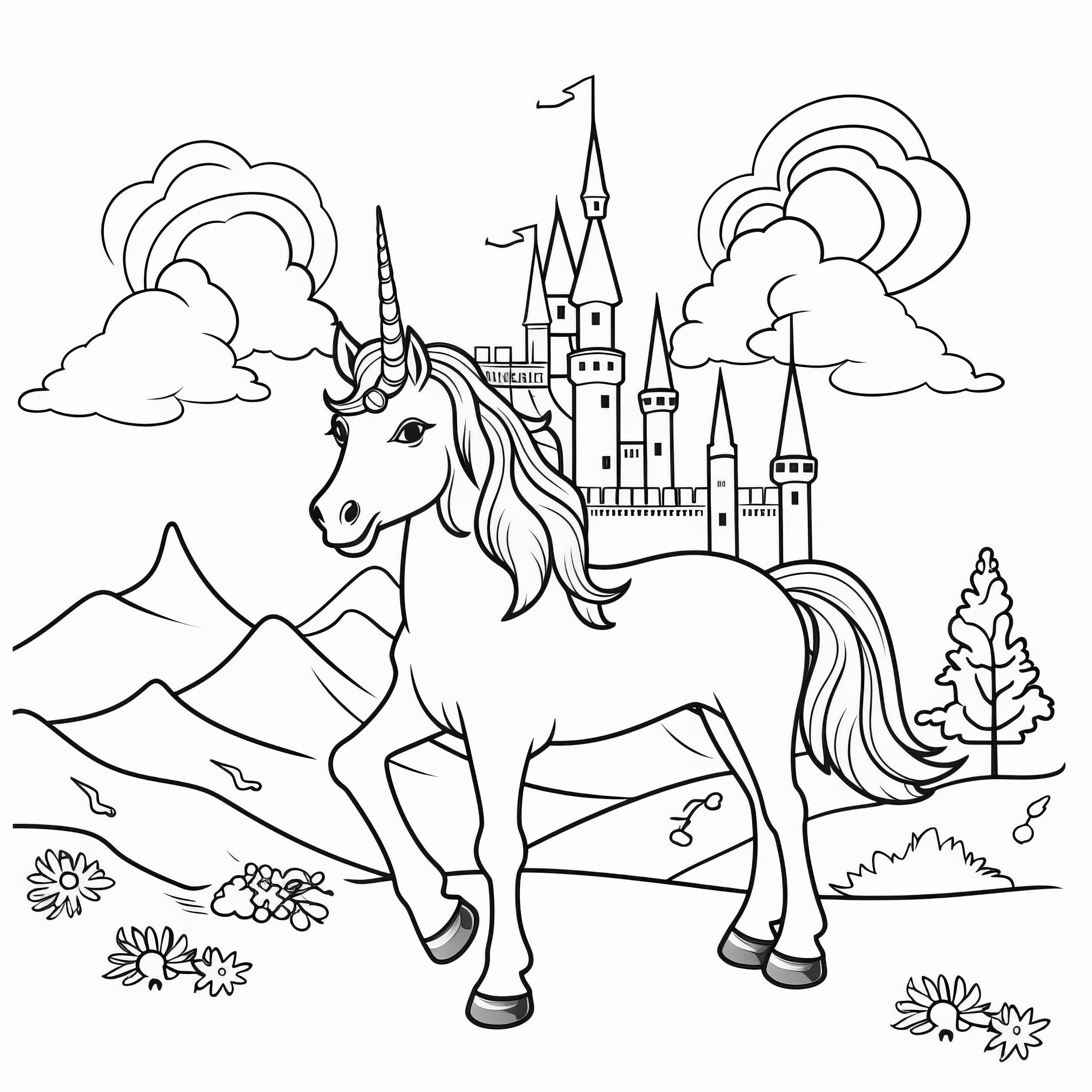 ユニコーンは、風景の中の城の前で誇らしげに立っています：子供向けのぬり絵（無料）