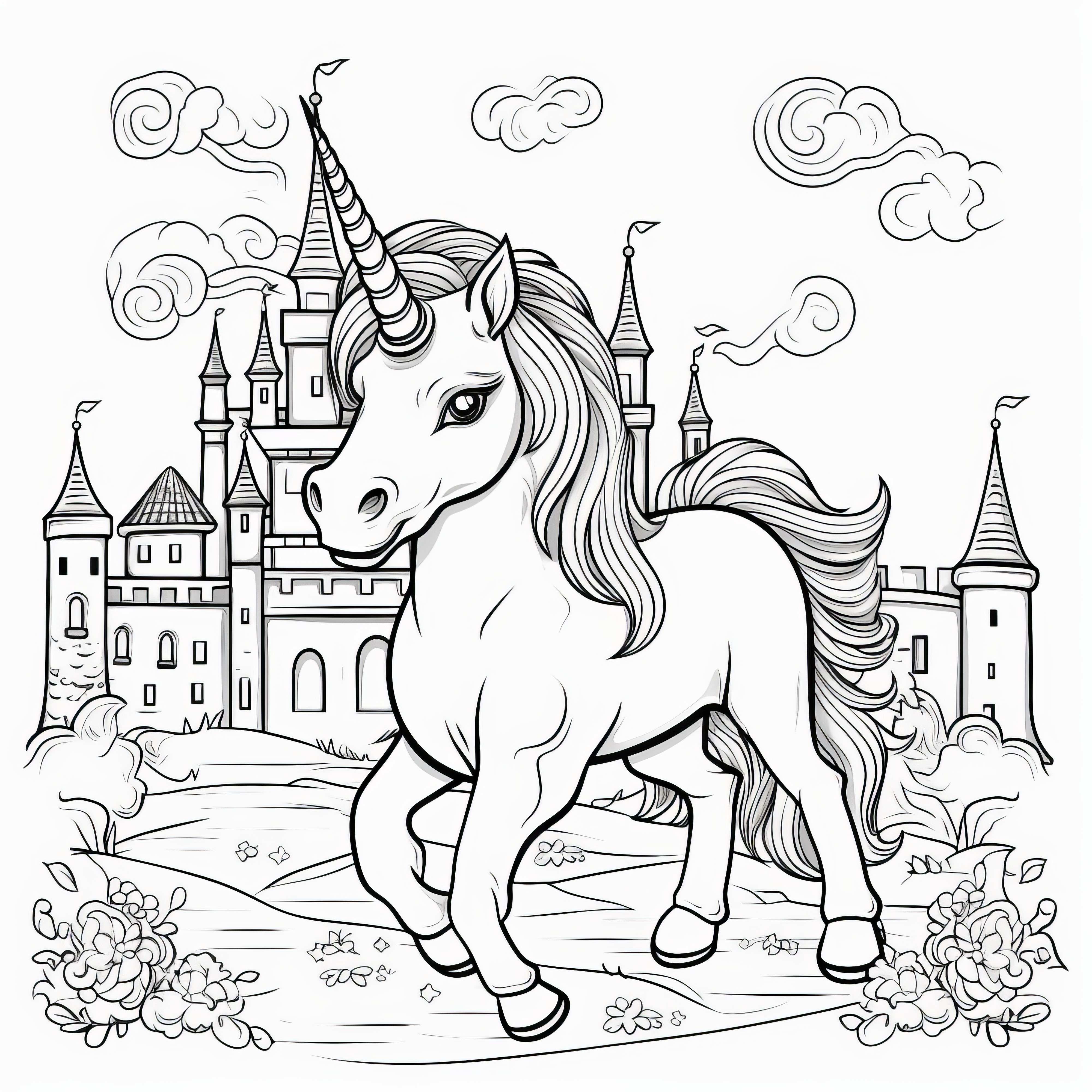 Unicorn and Castle: Free Coloring Page