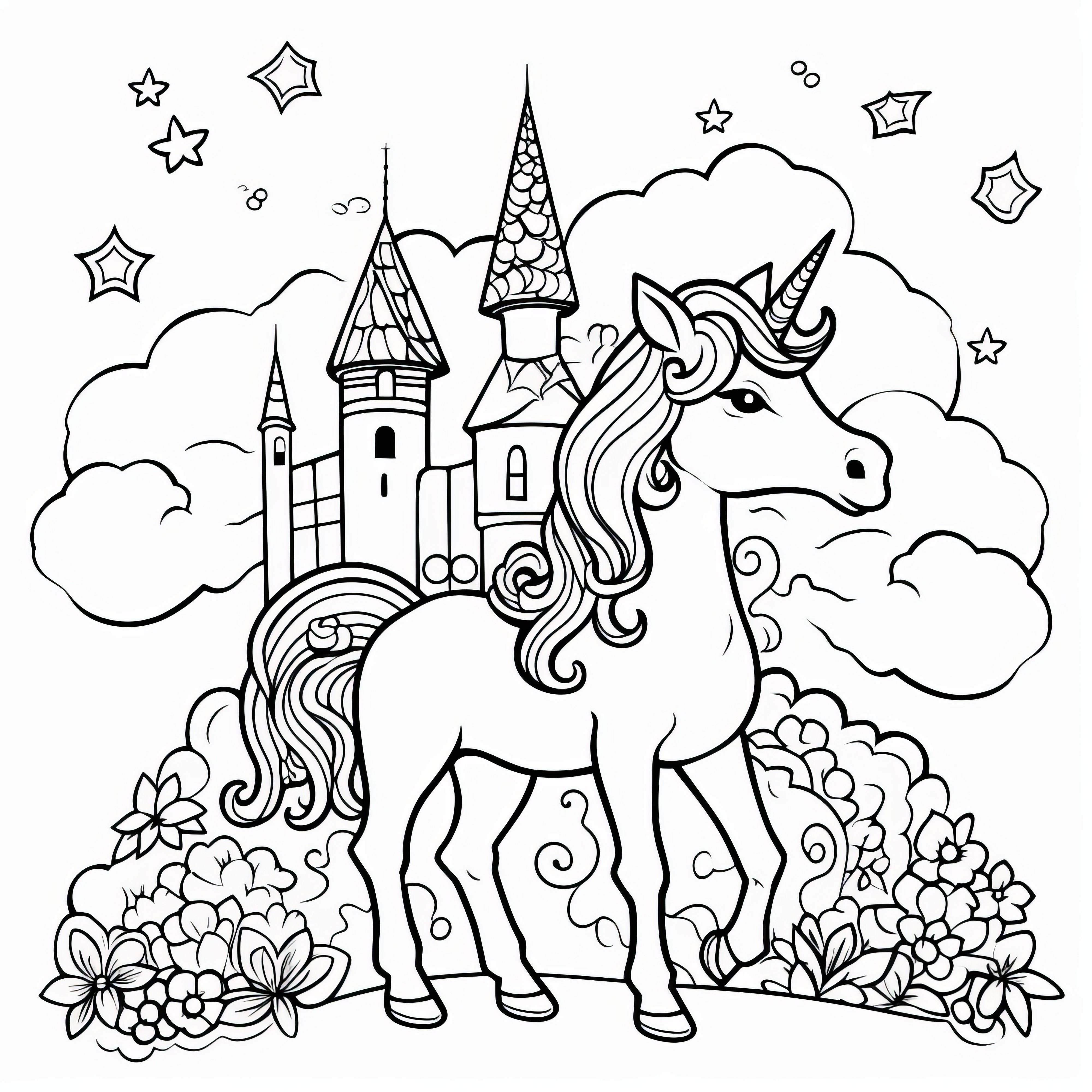 Unicorn, castle, clouds, and stars: Magical coloring page (Free)