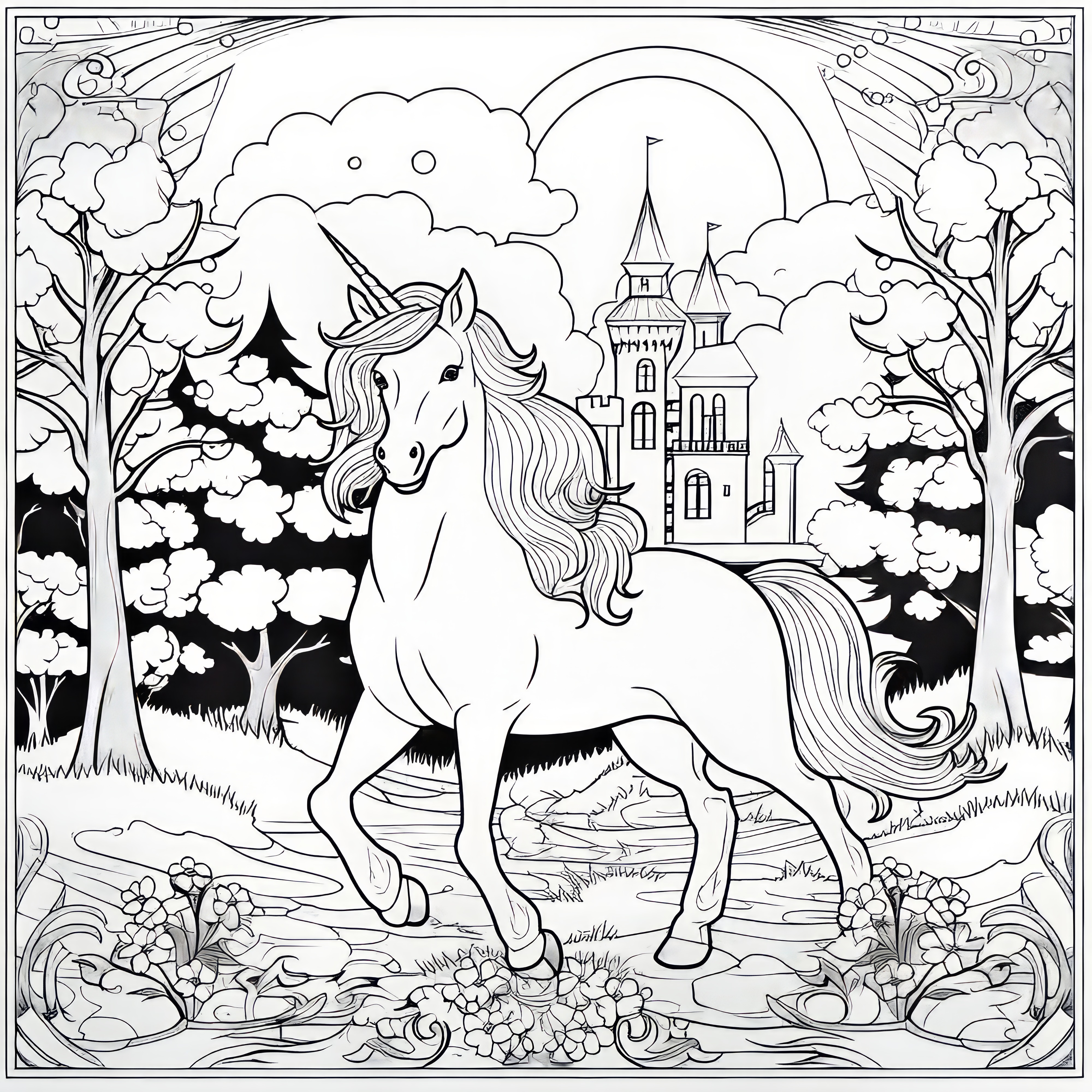 Unicorn in the mysterious forest in front of the castle: Free coloring picture
