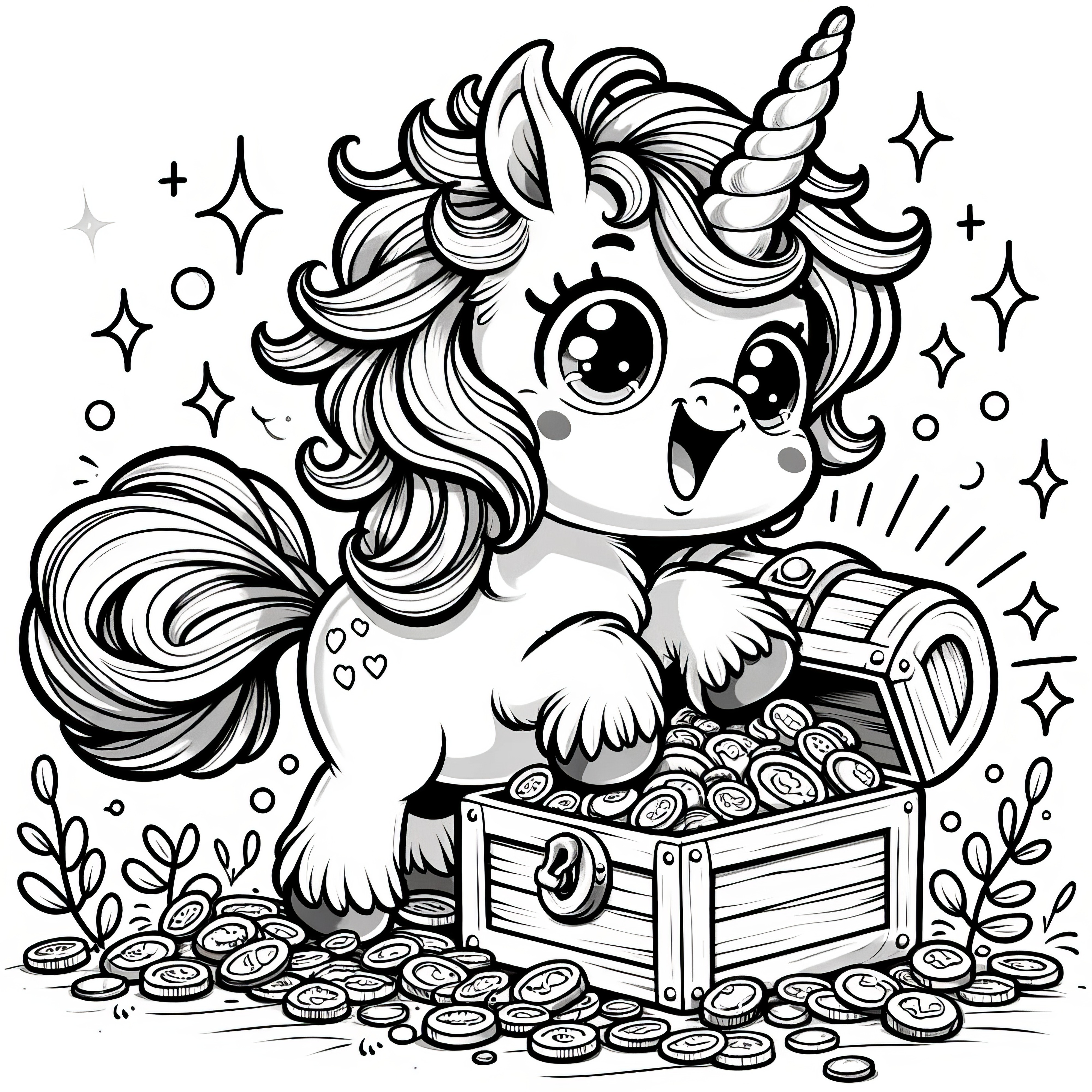 Unicorn finds treasure: Simple coloring picture for children (Free)