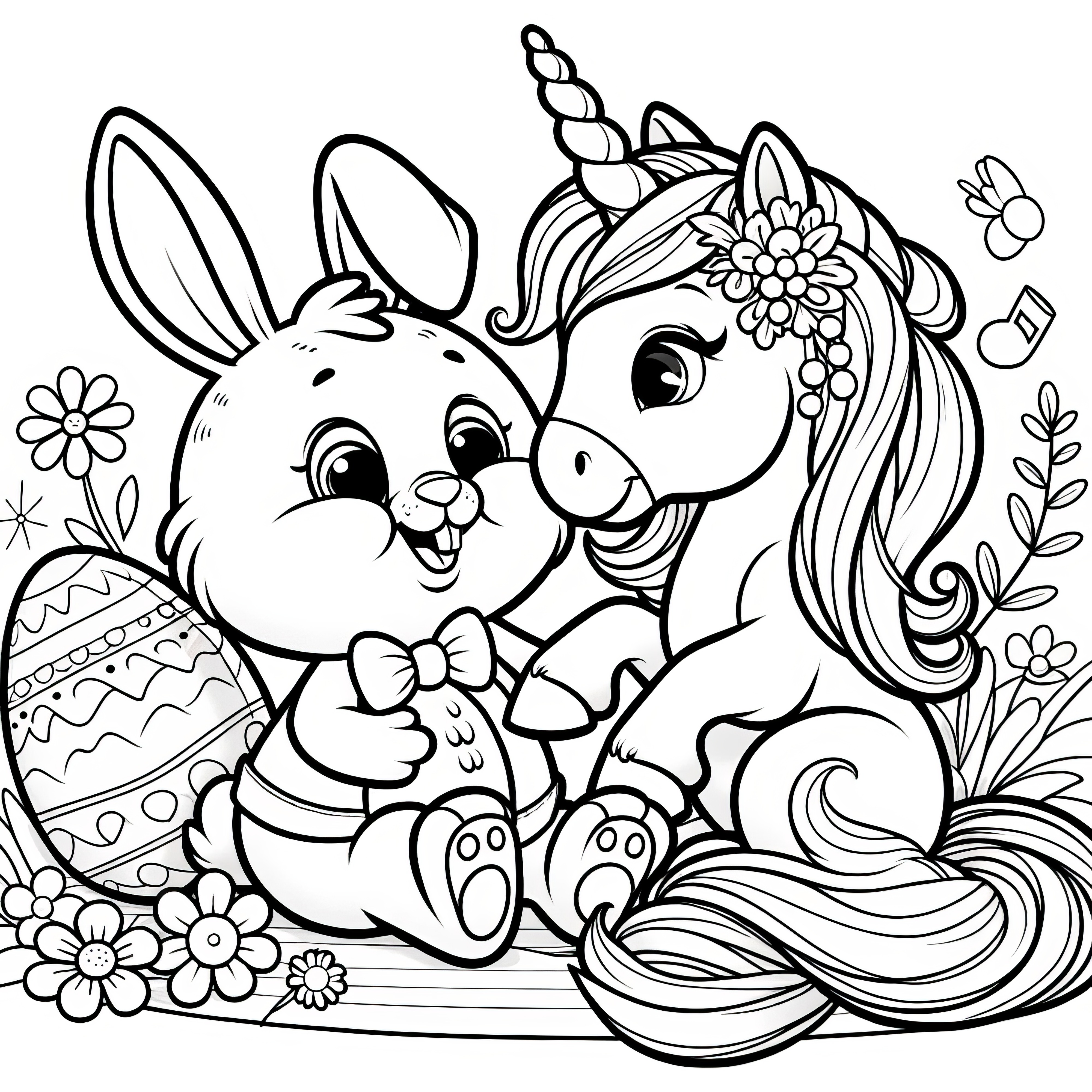 Unicorn with Easter bunny and Easter egg: Simple coloring page for kids (Free)
