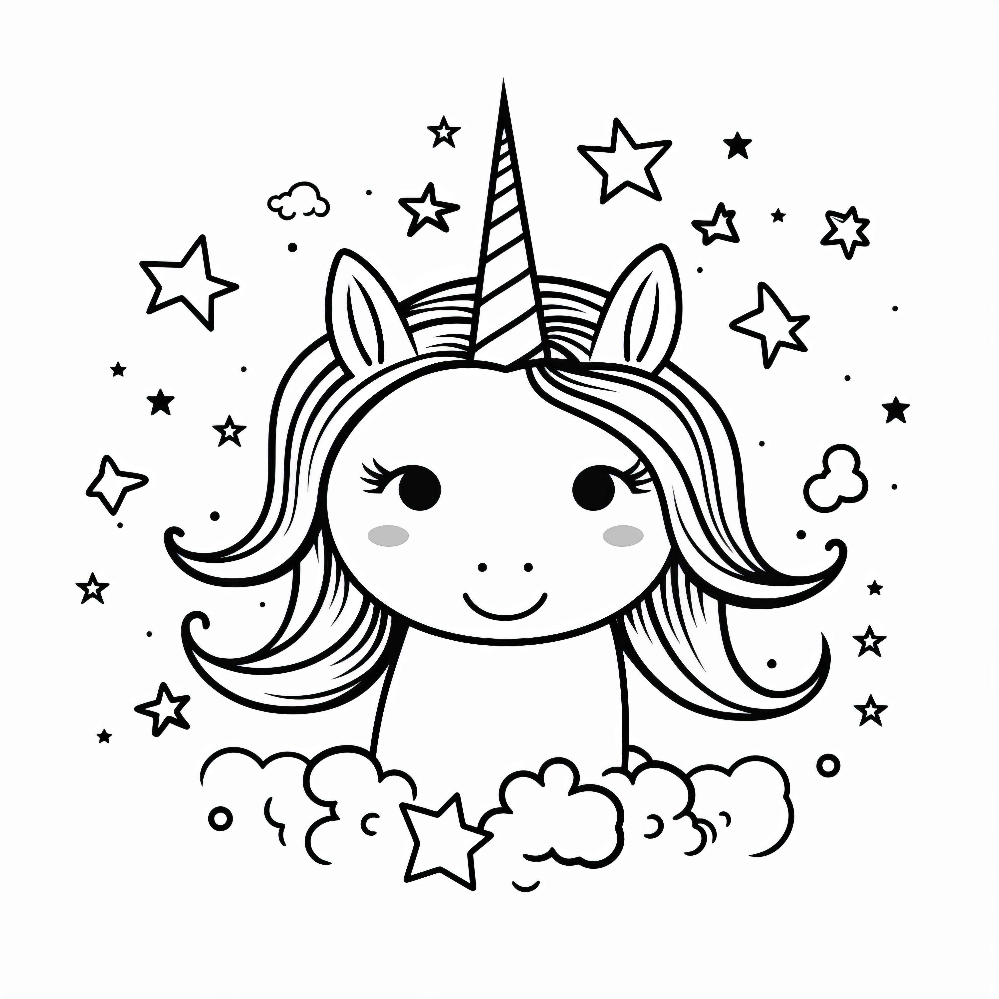 Unicorn with round face and stars: Simple coloring picture for children (Free)