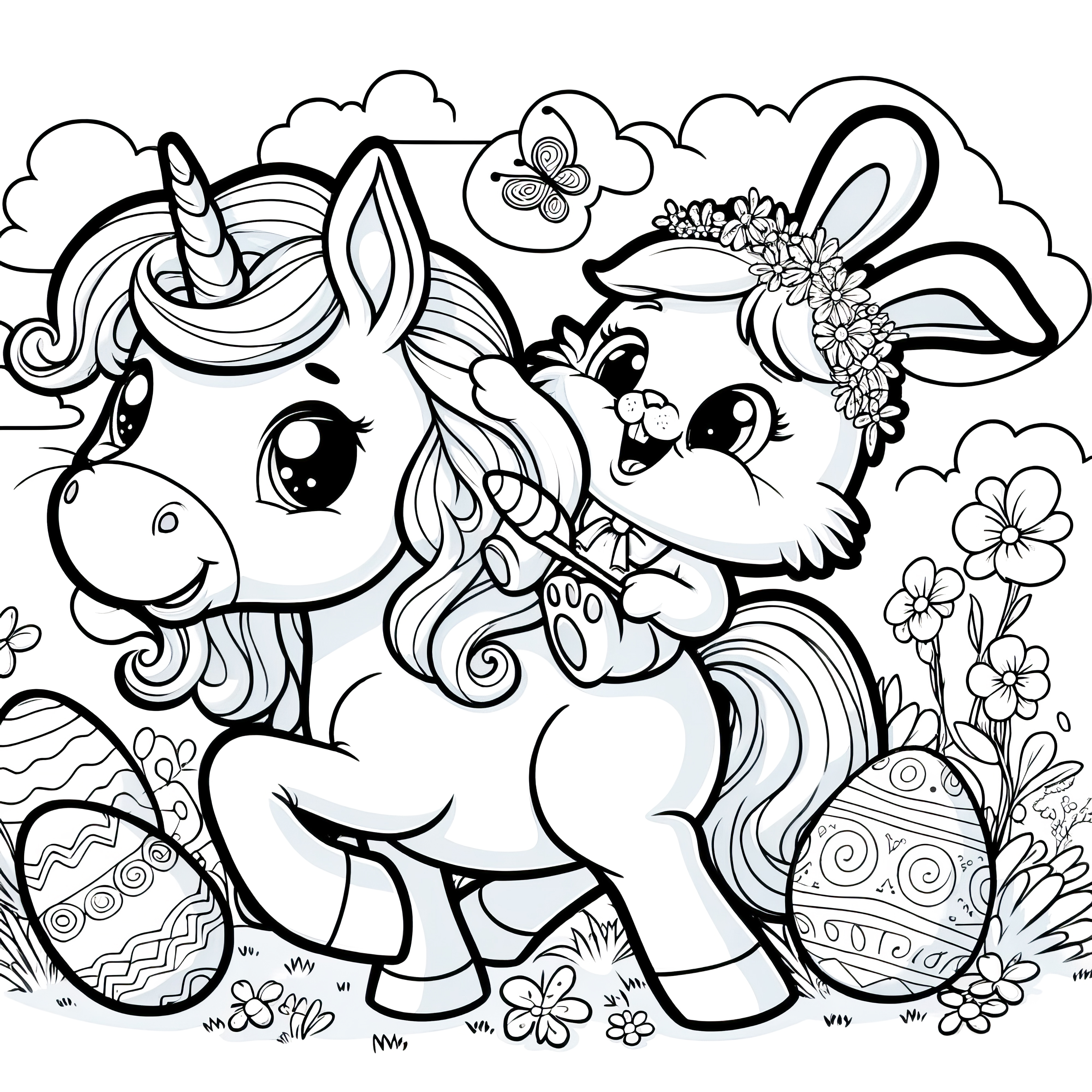 Rabbit riding on a cute unicorn: Simple coloring picture for download (Free)