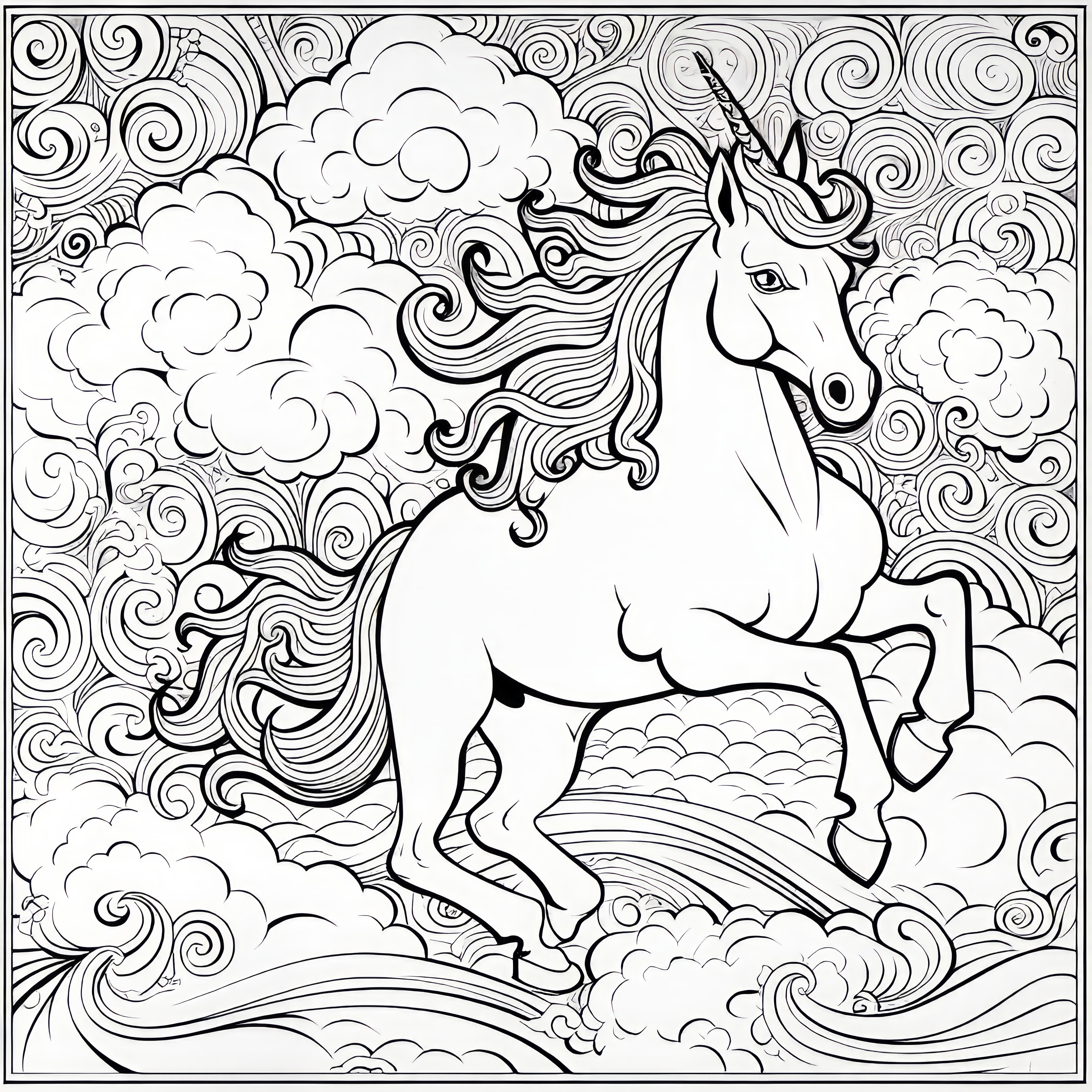 Unicorn above clouds: Coloring page for adults (Free)
