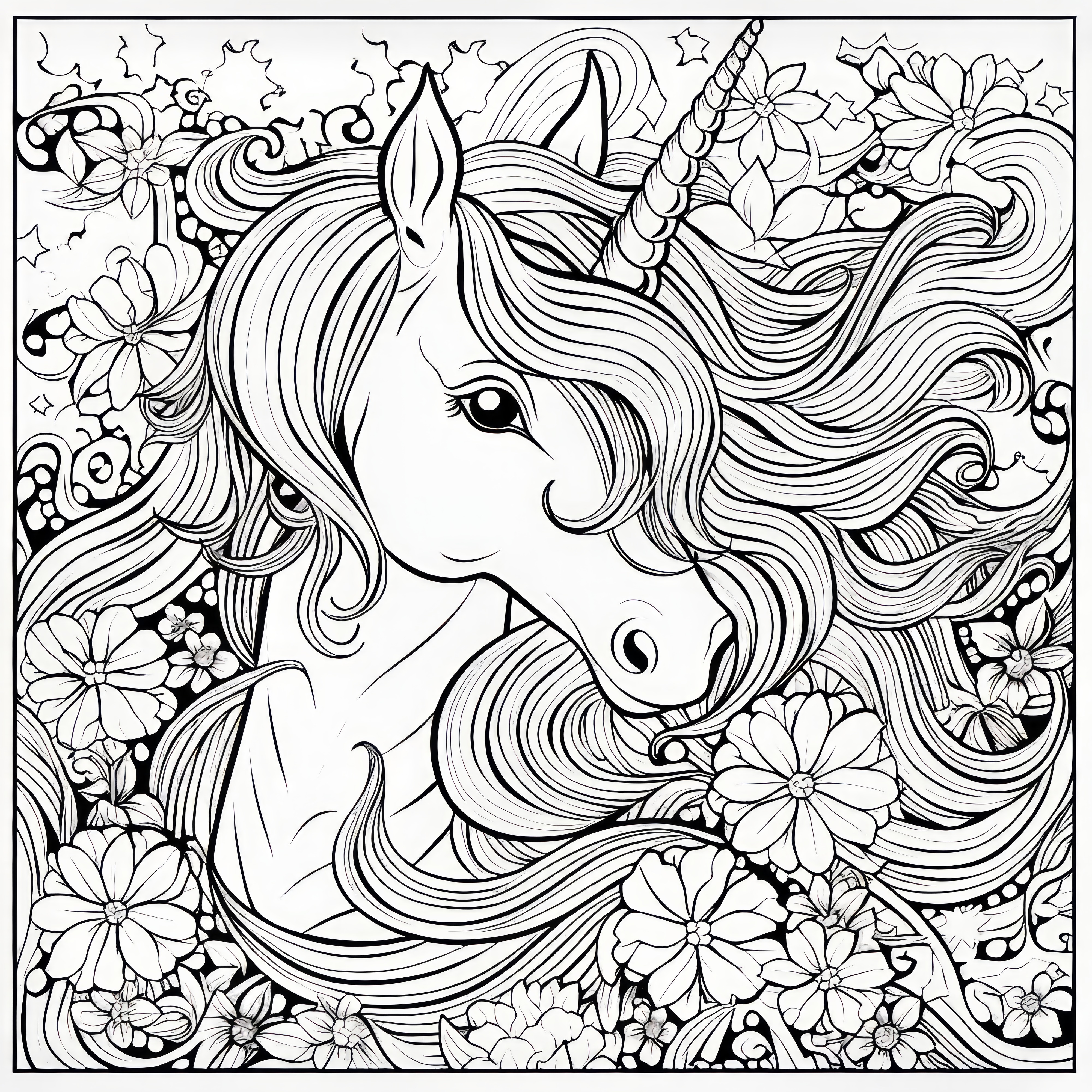 Unicorn head with flowers in a frame: Coloring page for adults (Free)