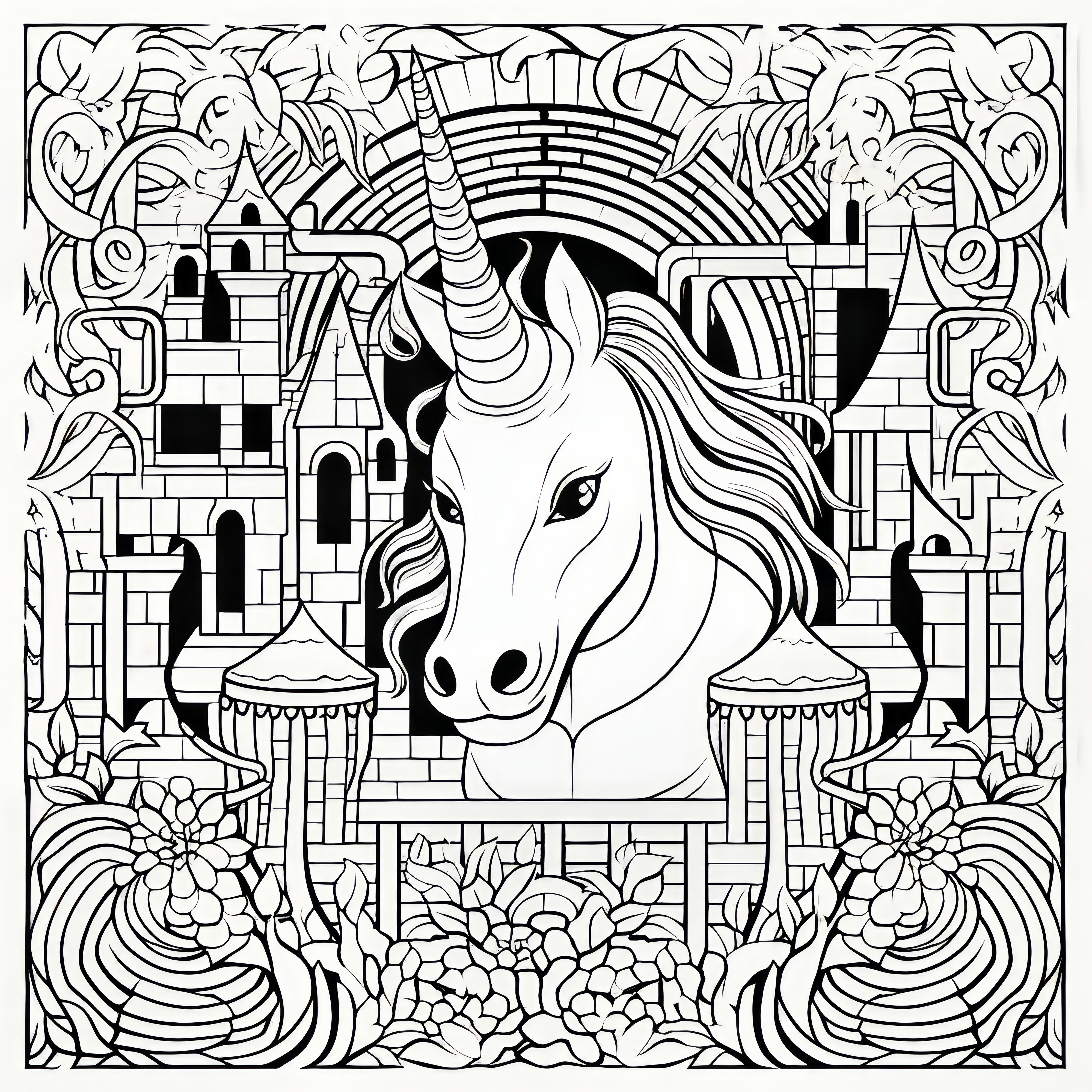 Elegant unicorn head with decorations: Coloring picture for adults (Free)