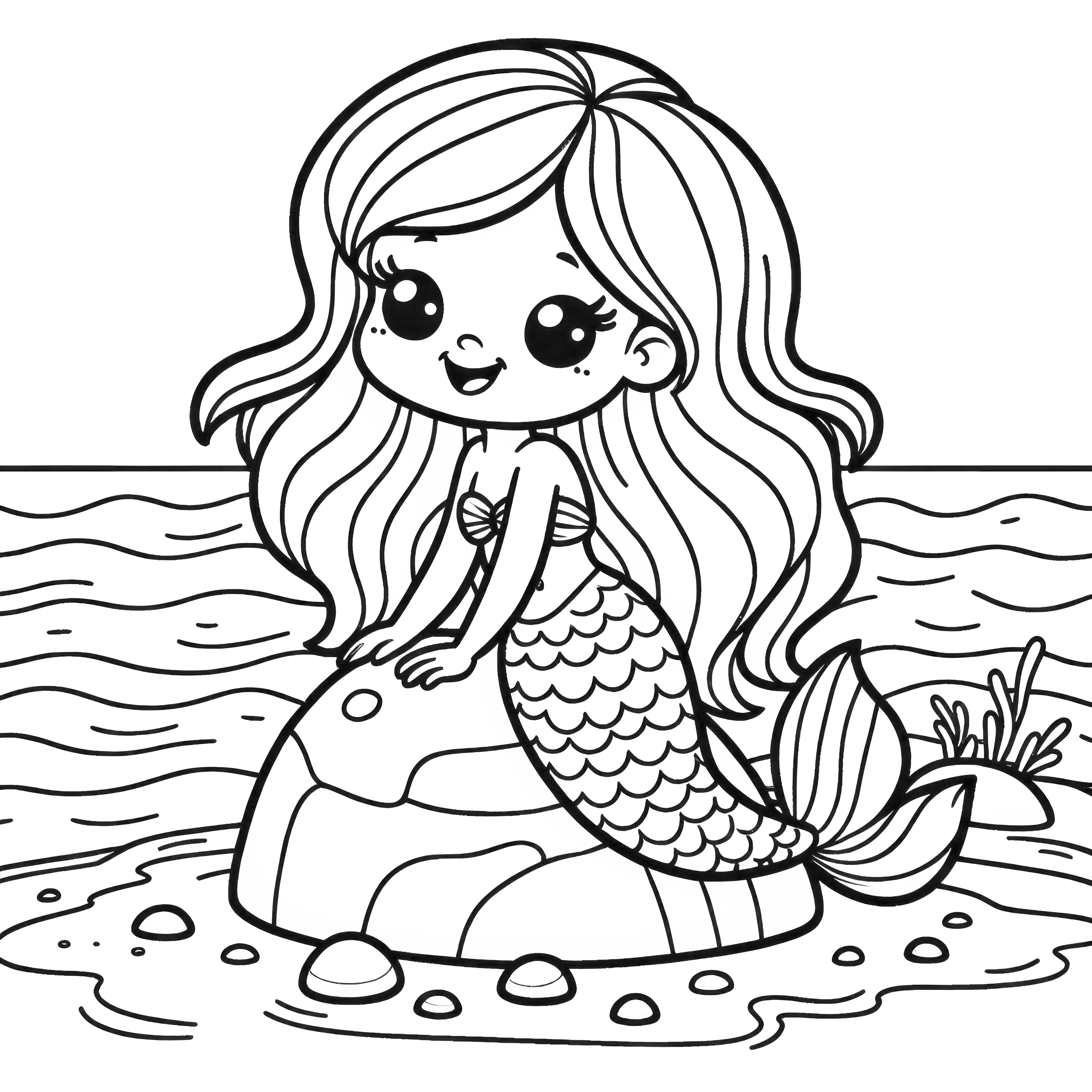 Mermaid on the beach on rocks - coloring page for free