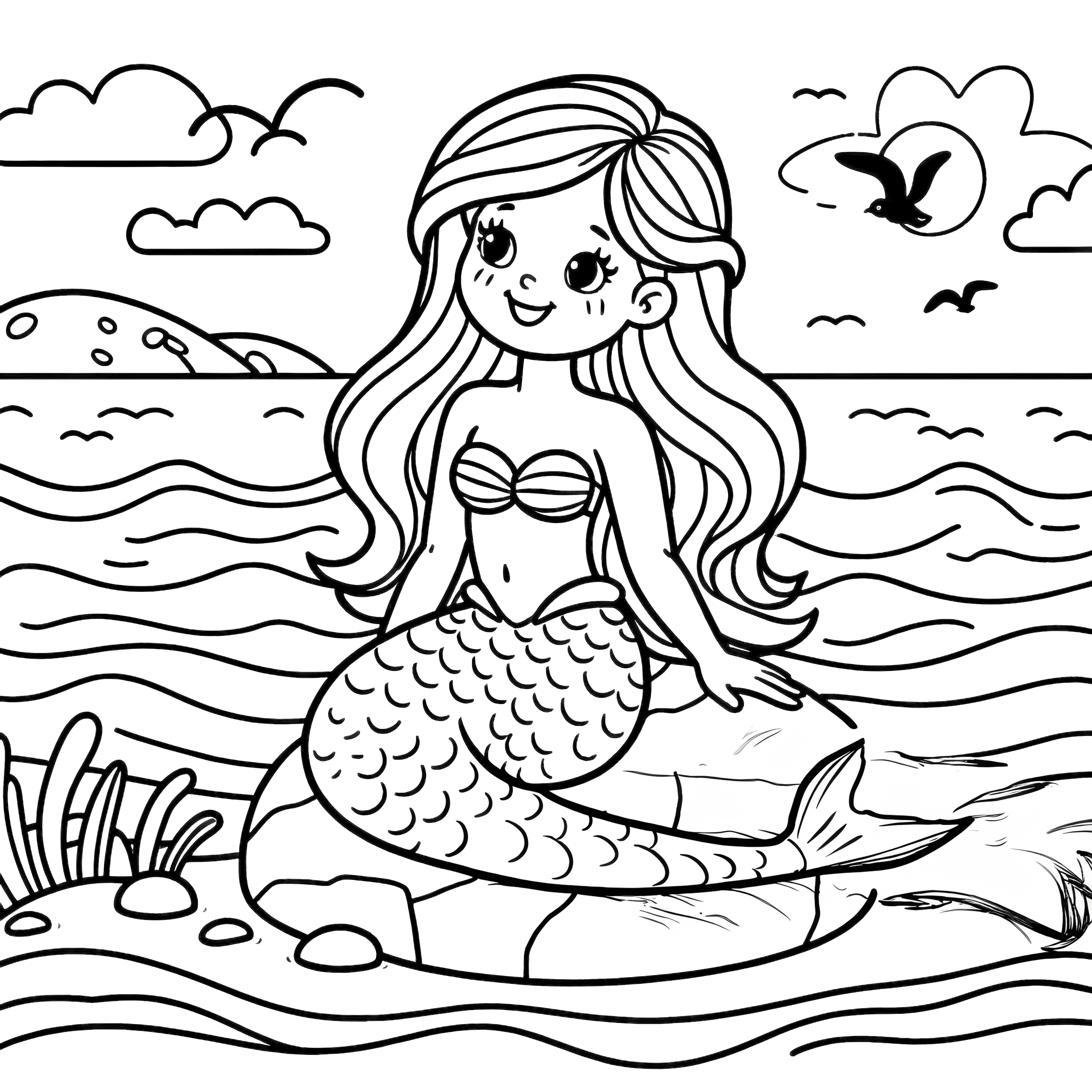 Pretty mermaid on a small island - Simple coloring picture for free