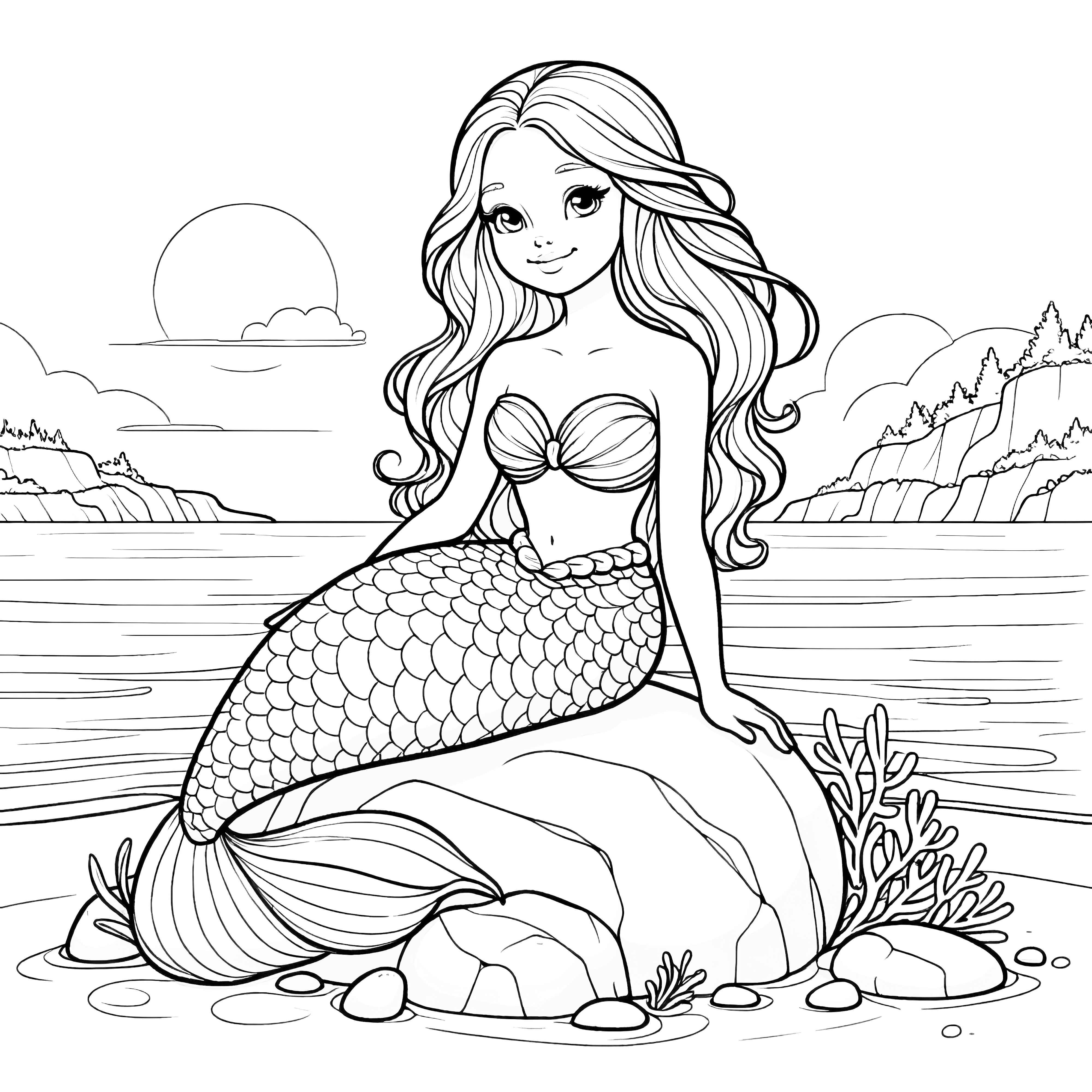 絵に描かれた海の乙女が美しい風景の前の岩の上に座っている：無料の塗り絵（無料）
