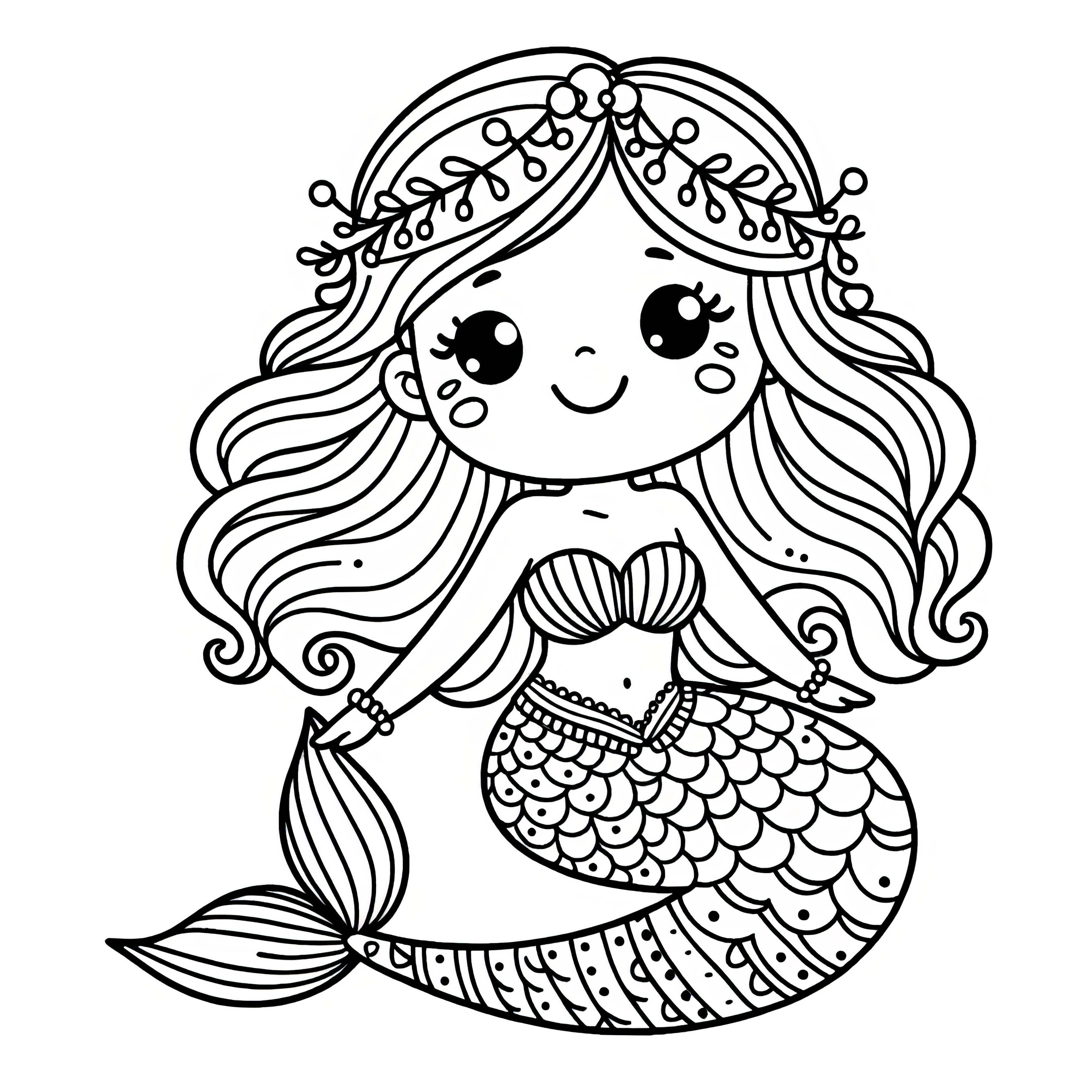 大きなヒレとキラキラ光る鱗を持つ人魚：無料の塗り絵