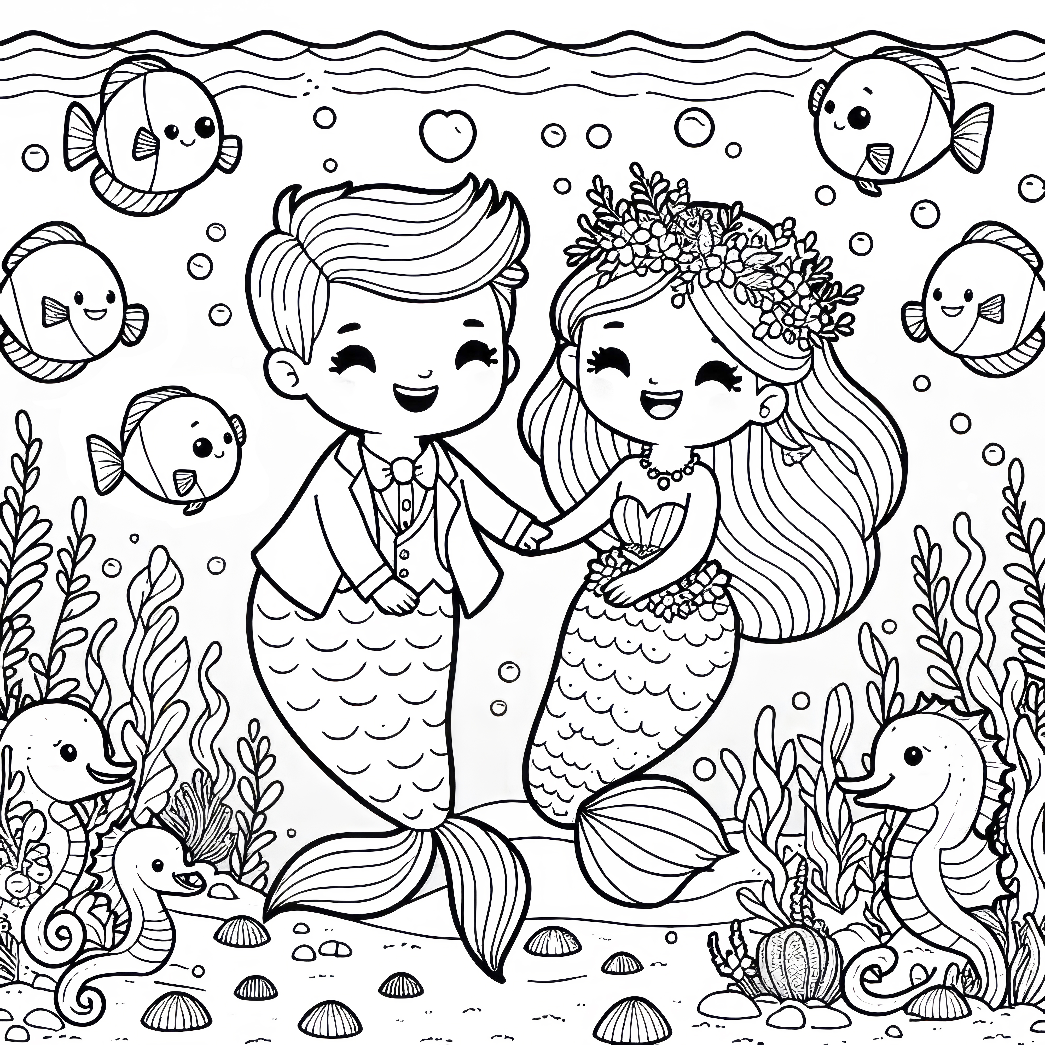 海の中で友達と魚を持つ人魚：無料ダウンロード用の塗り絵