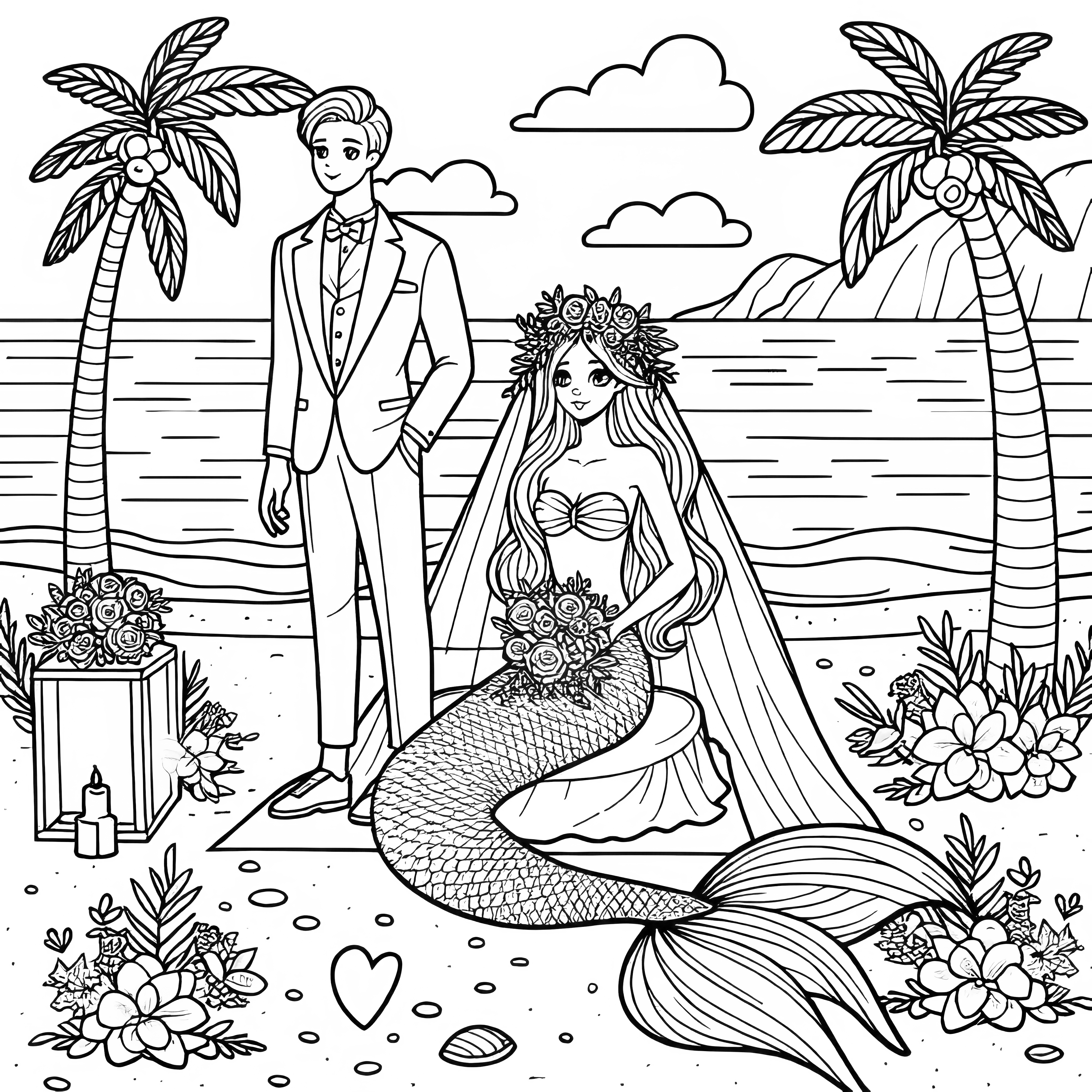 ビーチでの人魚の結婚式：新郎が待っています（無料の塗り絵）