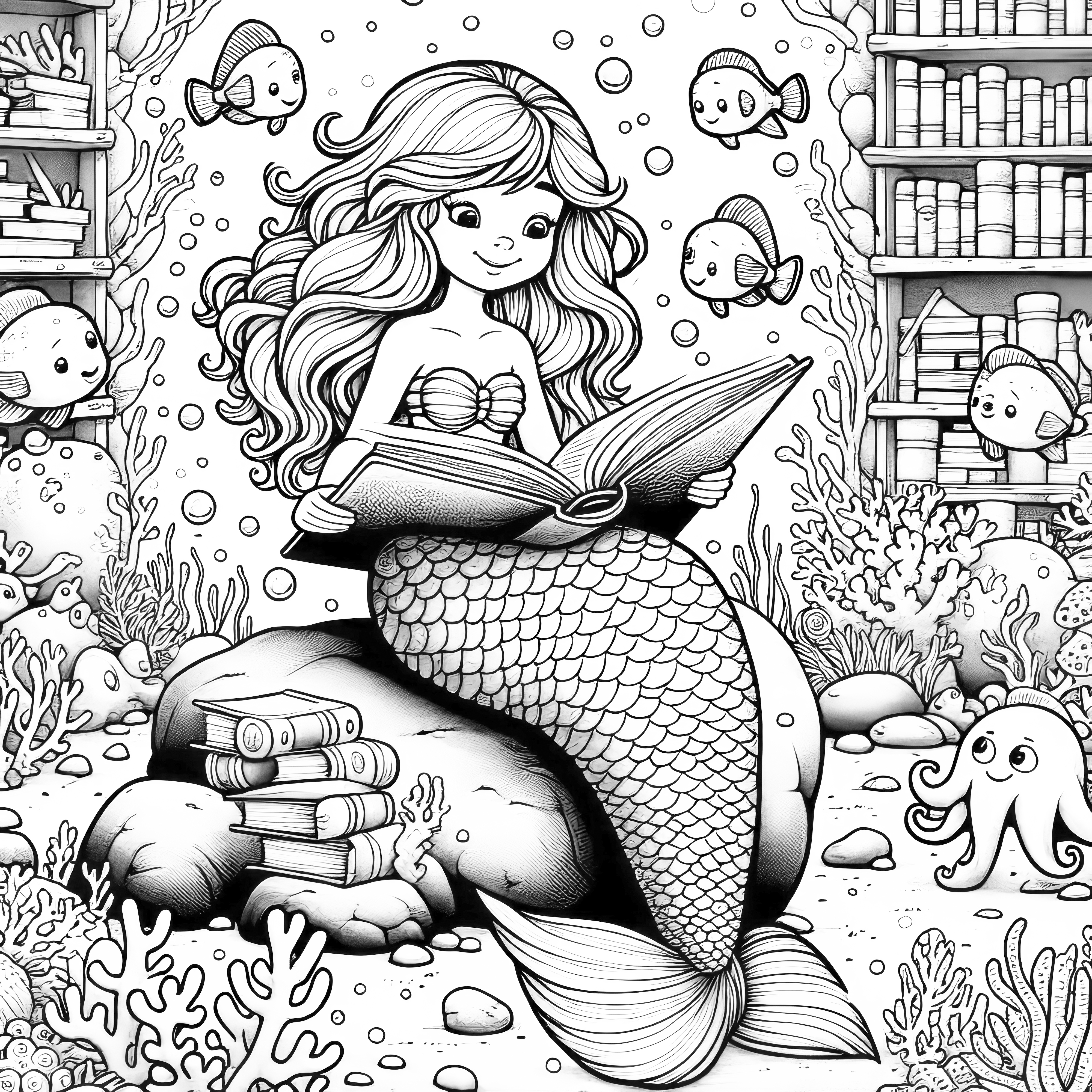 人魚が魚の友達に絵本を読み聞かせる：無料塗り絵
