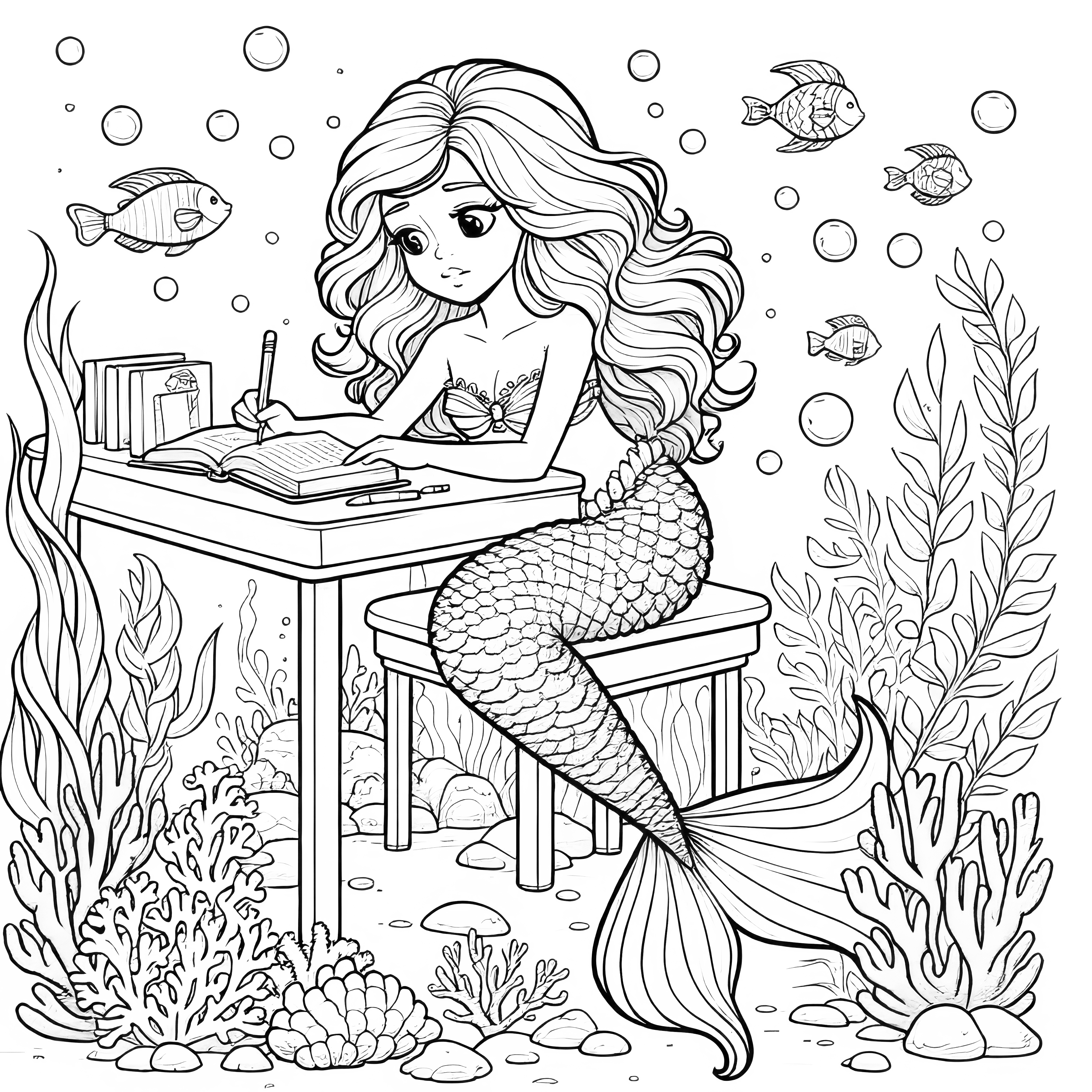Mermaid sits at the desk and writes in the notebook: coloring page
