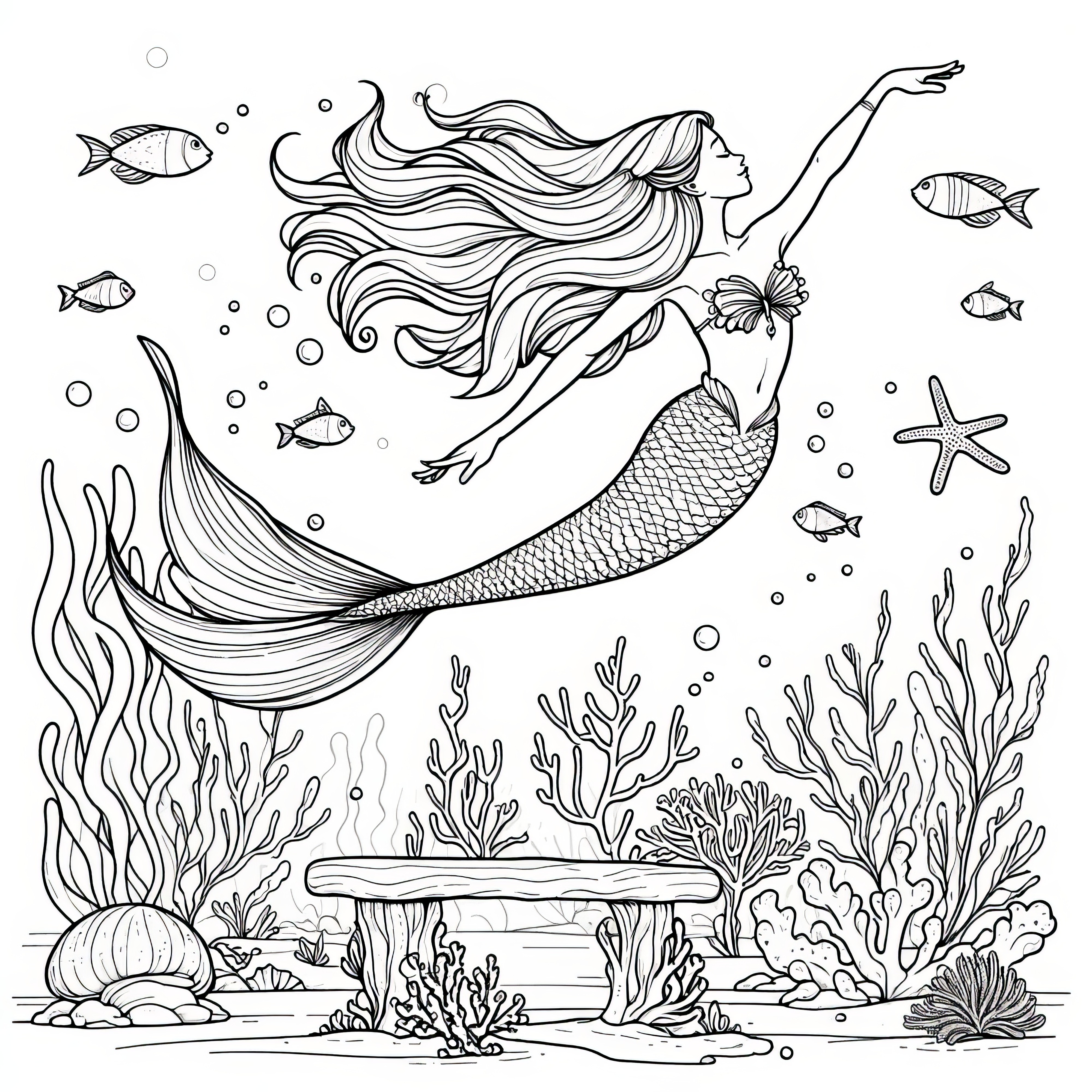 美しい人魚が水中で植物と魚と一緒にいる：ダウンロード用の塗り絵（無料）