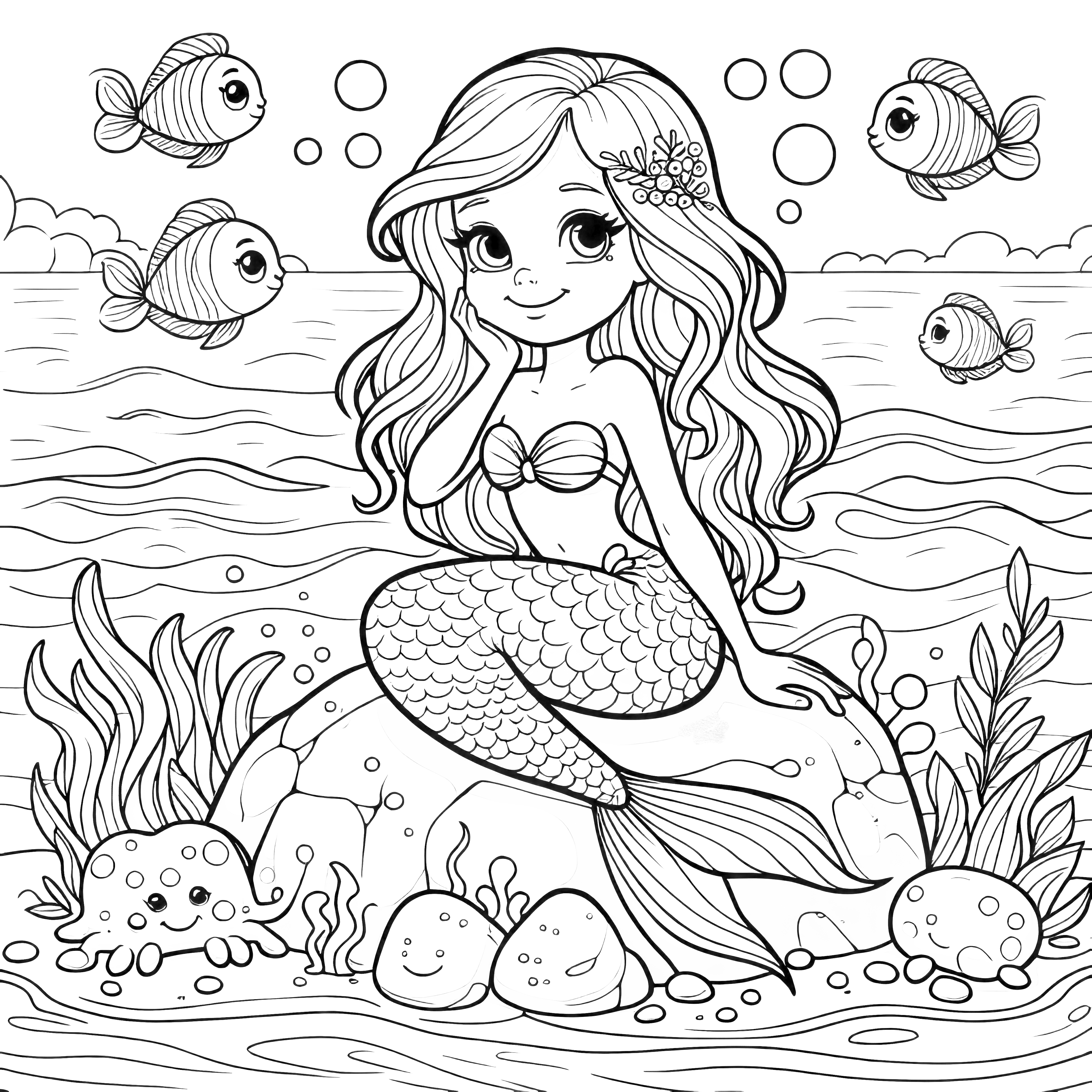 Mermaid on rocks with fish - Coloring page for free