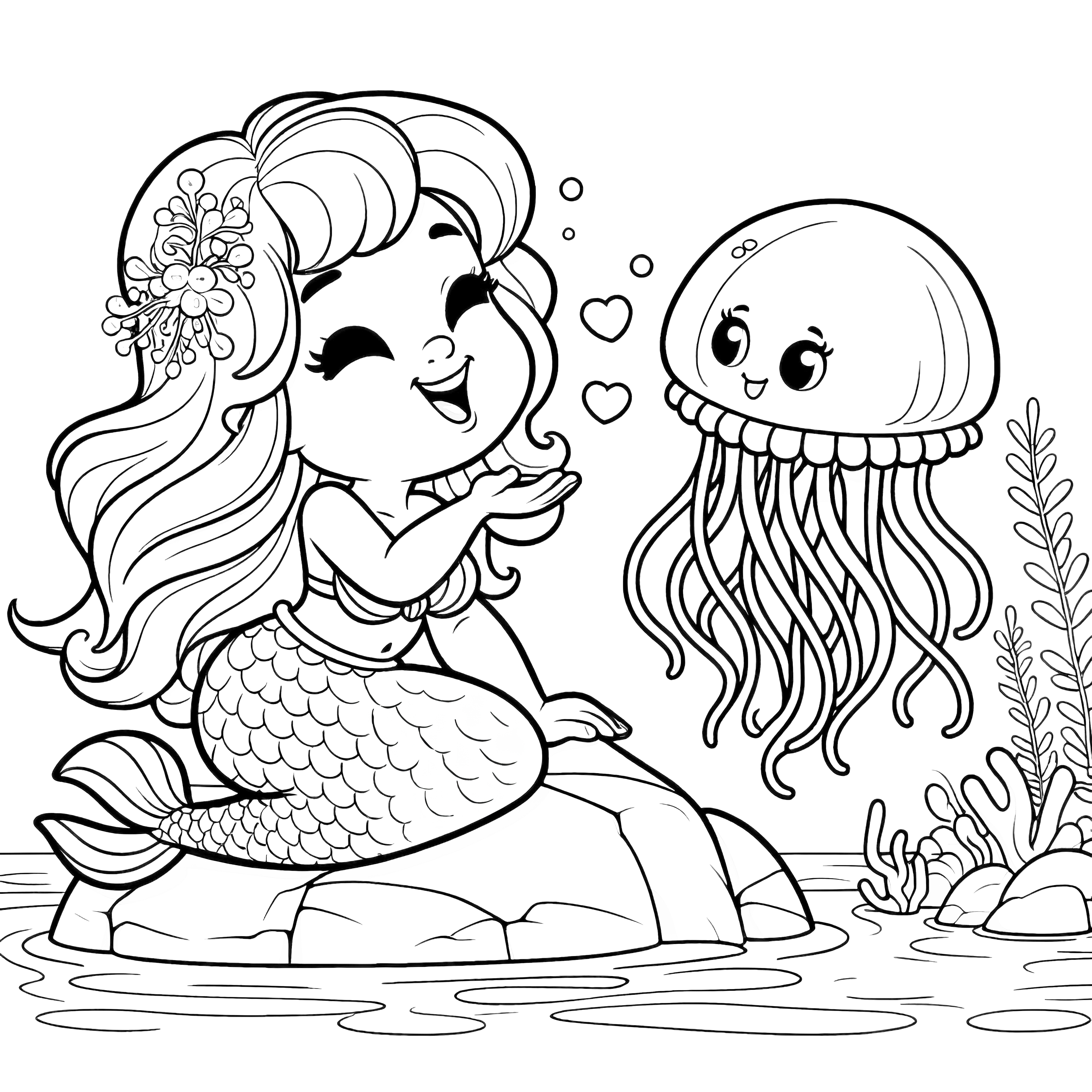 海の上の岩場に座る人魚とクラゲ: 無料の塗り絵