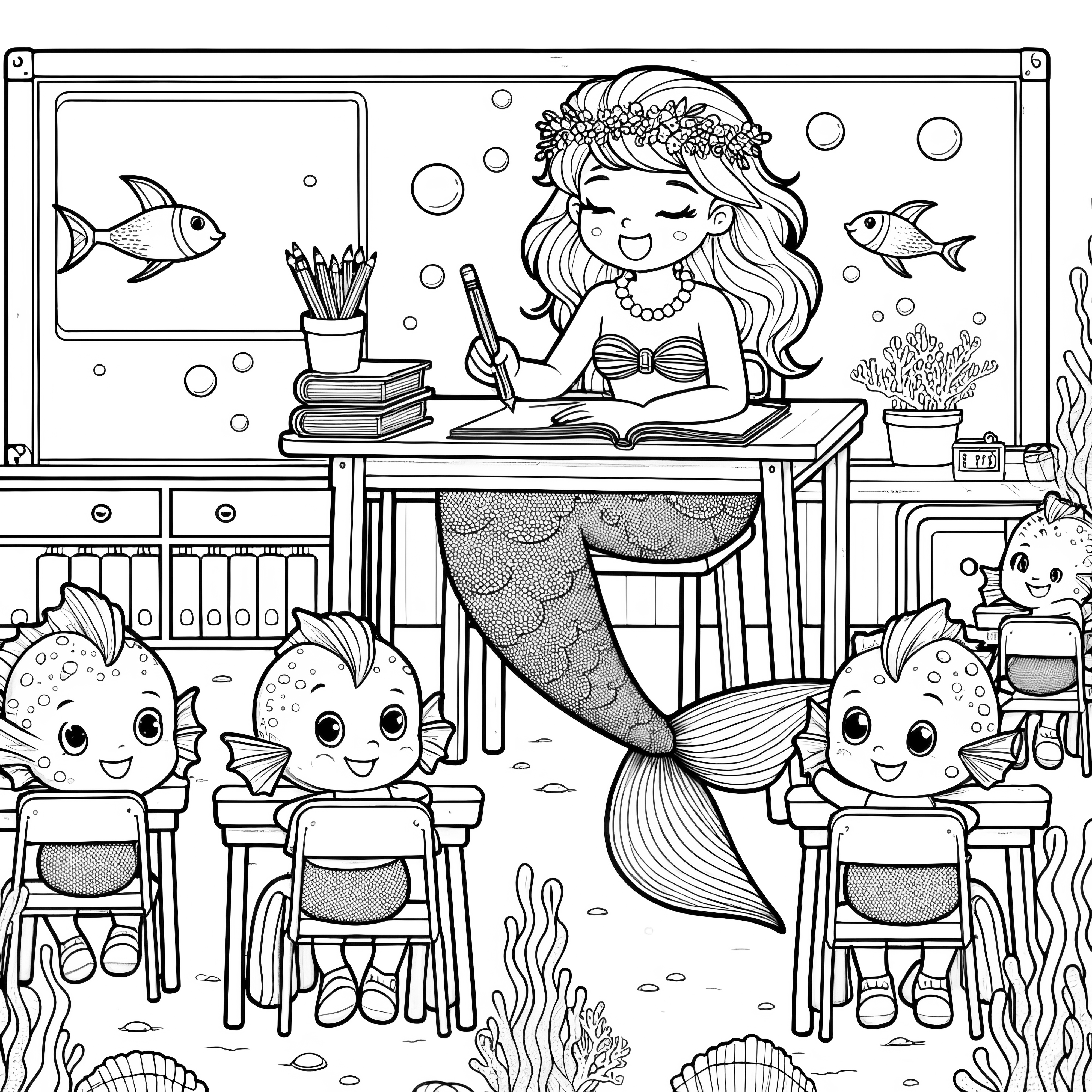 マーメイドが学校を訪問 - 塗り絵ページ 無料