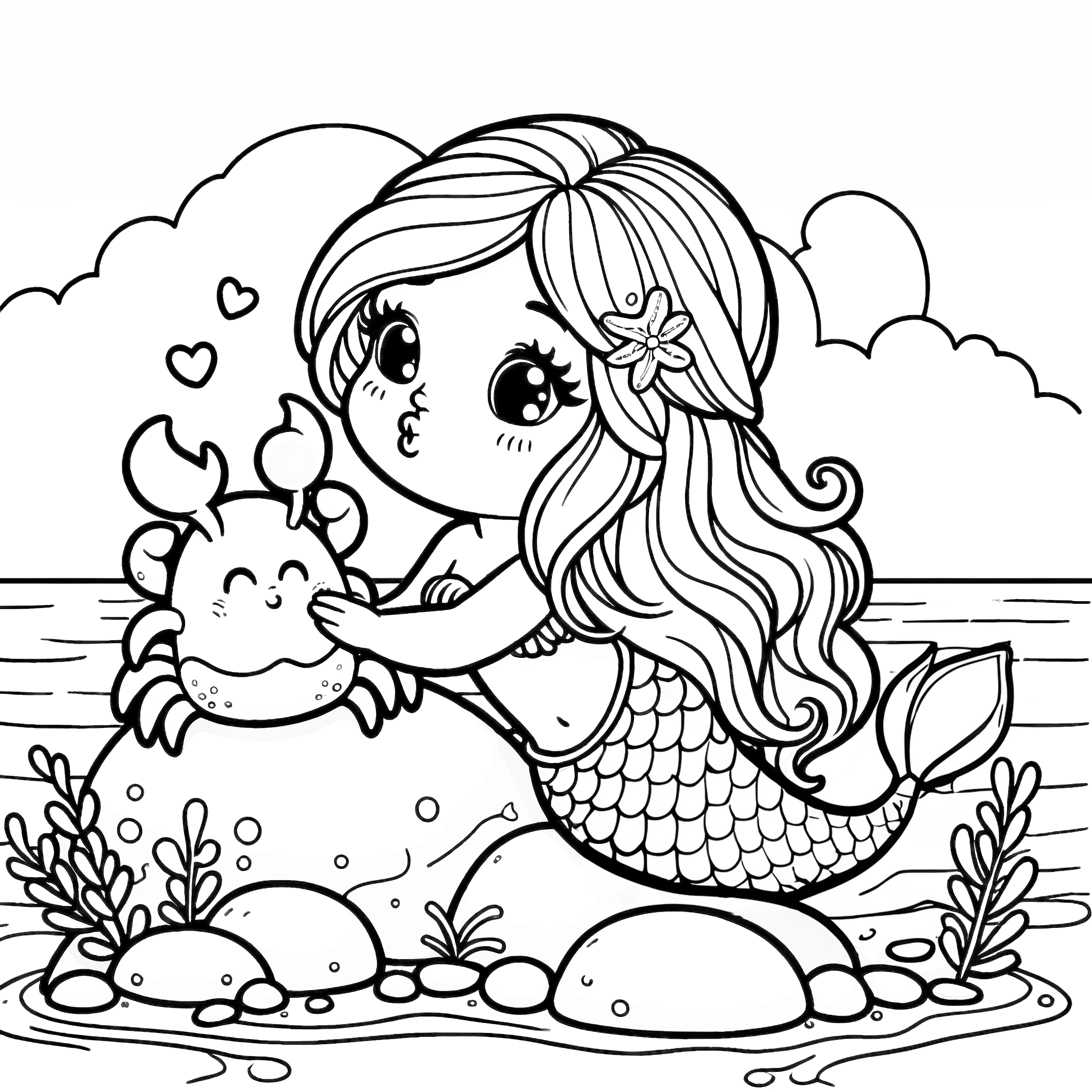 Mermaid with crab on the rock as a coloring template (Free)