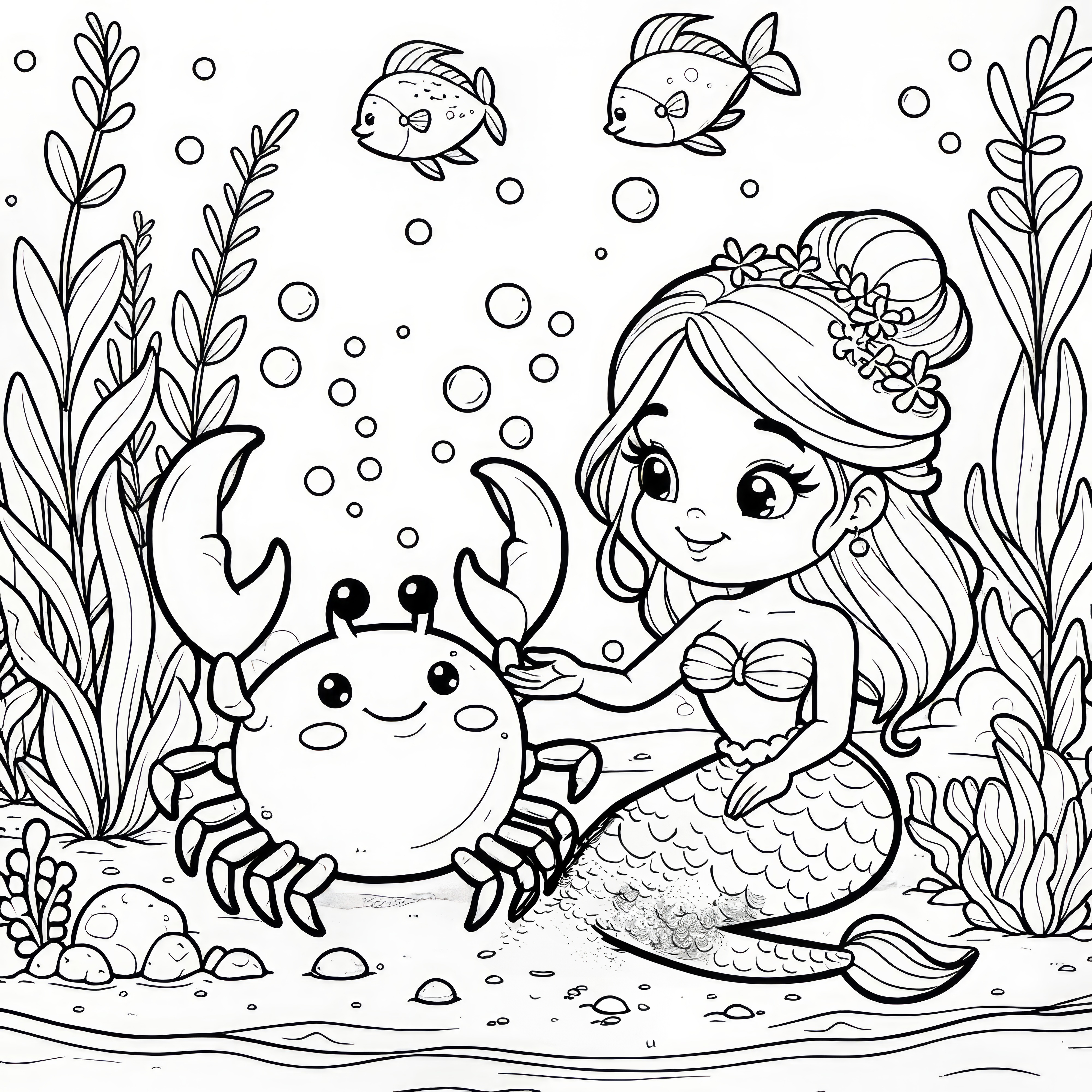 人魚とカニが水中にいます：無料の塗り絵です