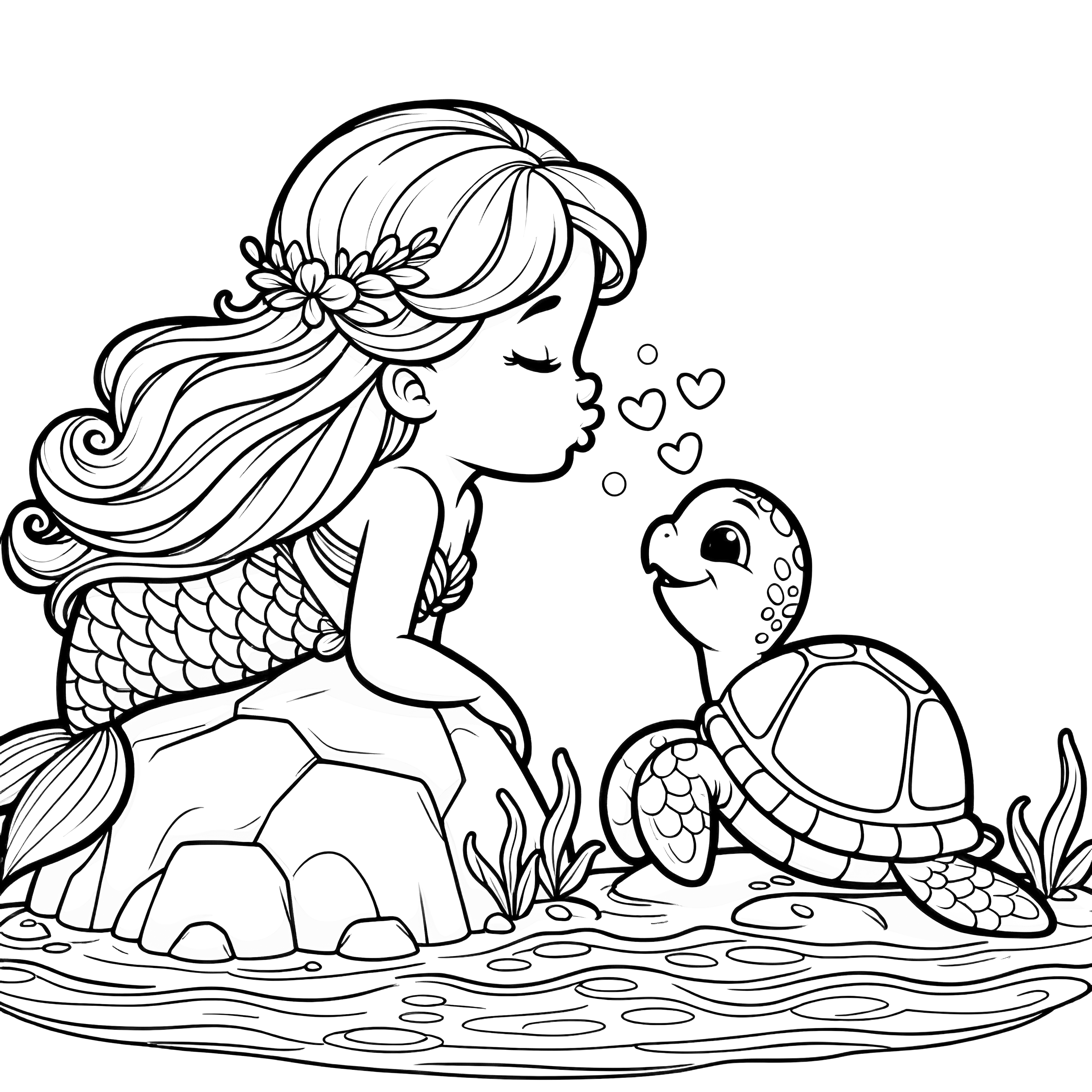 Mermaid with cute turtle: Free coloring page