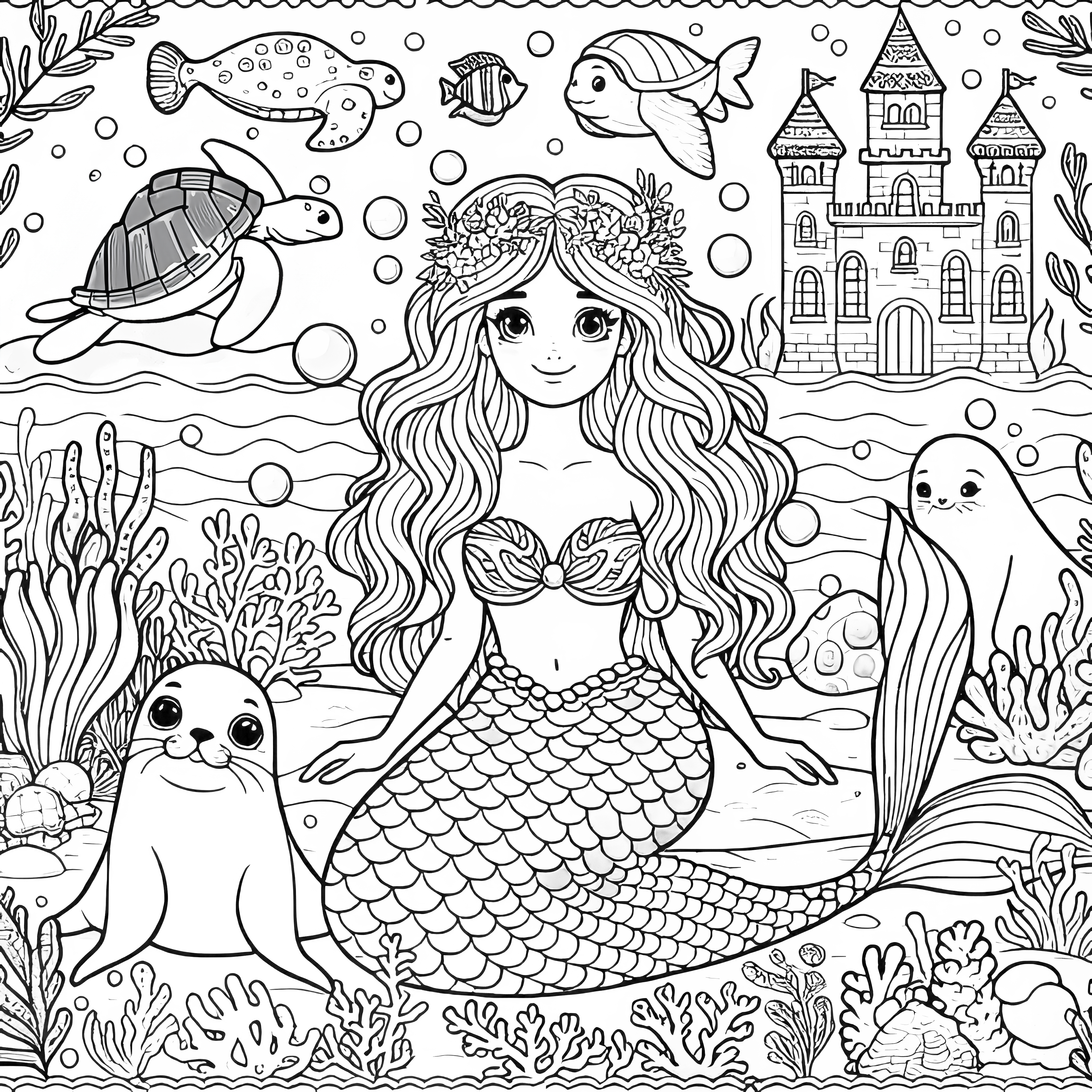 海の女神が海獣と一緒に浜辺にいる絵やお城：無料でダウンロードできるぬり絵です。