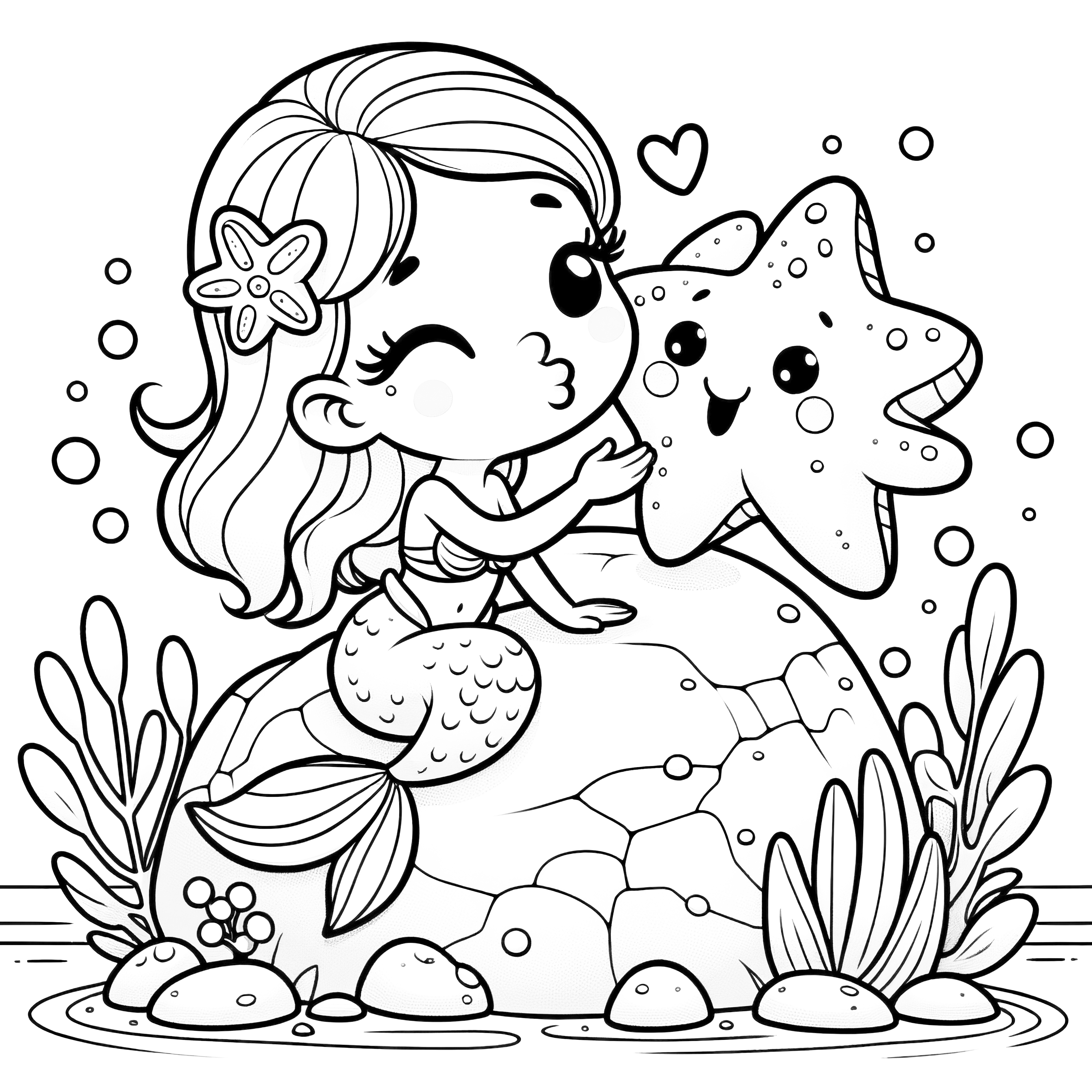 海の精と星の形をした星: 可愛い塗り絵（無料）