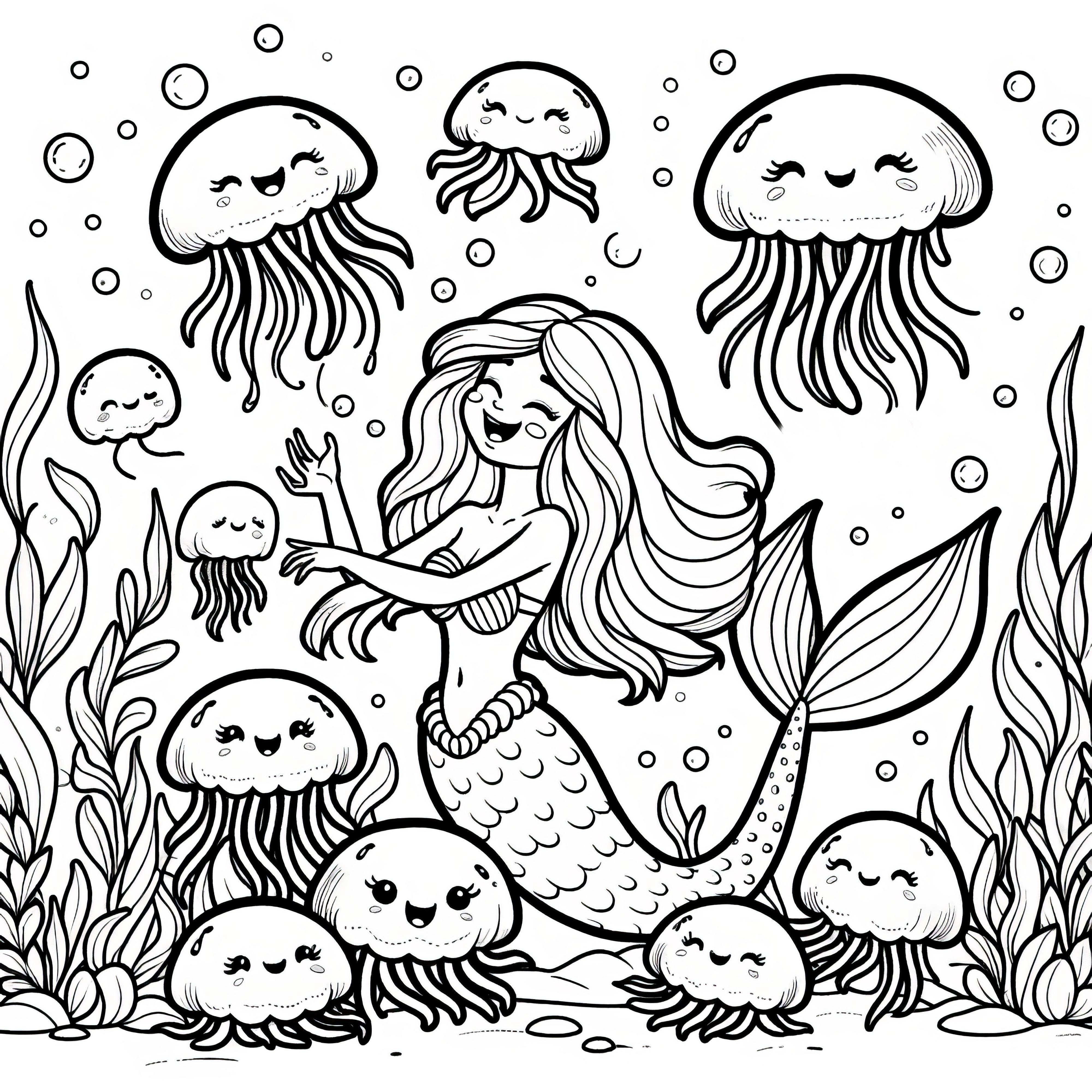 人魚がたくさんのクラゲの友達と一緒に水中で踊ります（無料）
