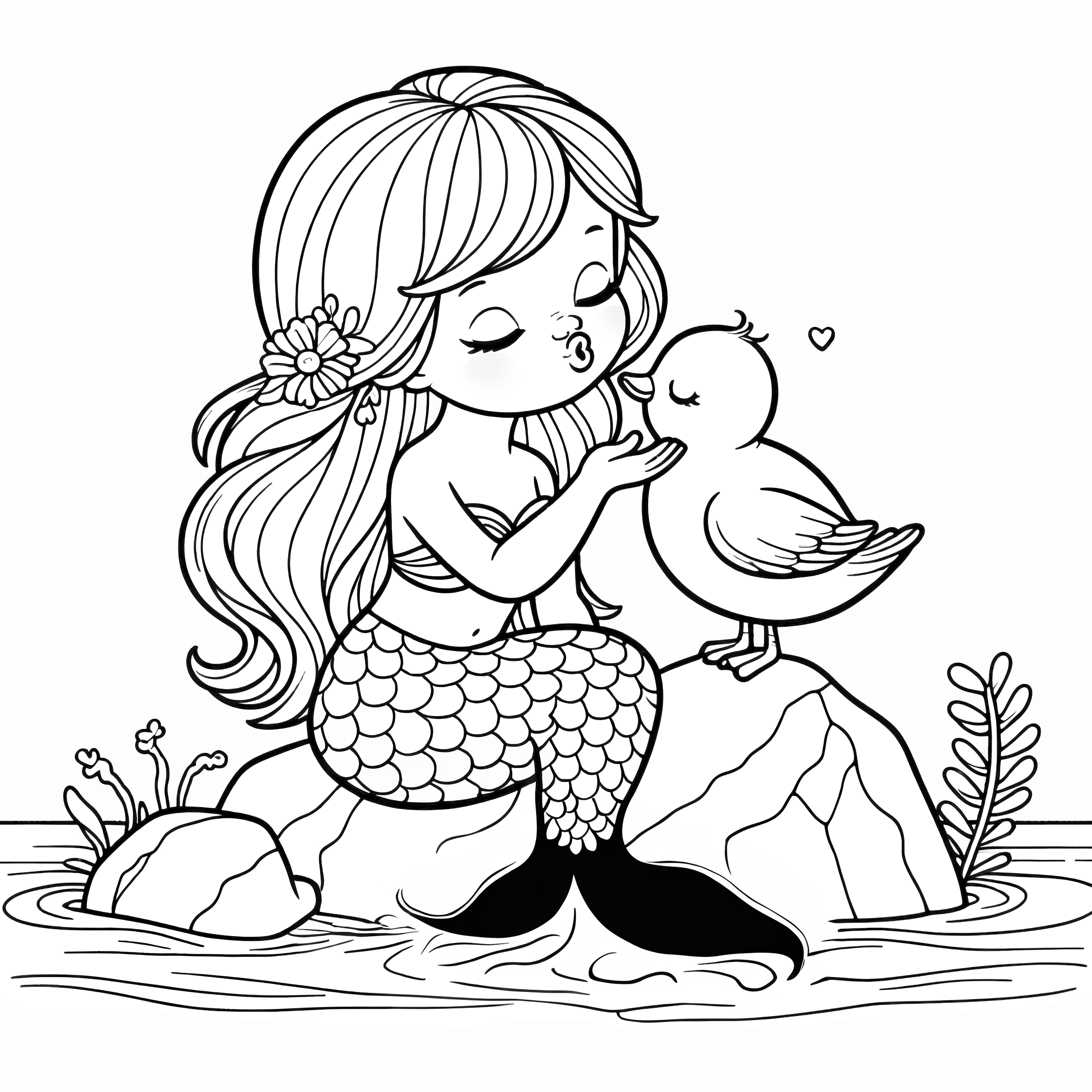 海の精とかわいい鳥が乗った岩：無料の塗り絵ダウンロード