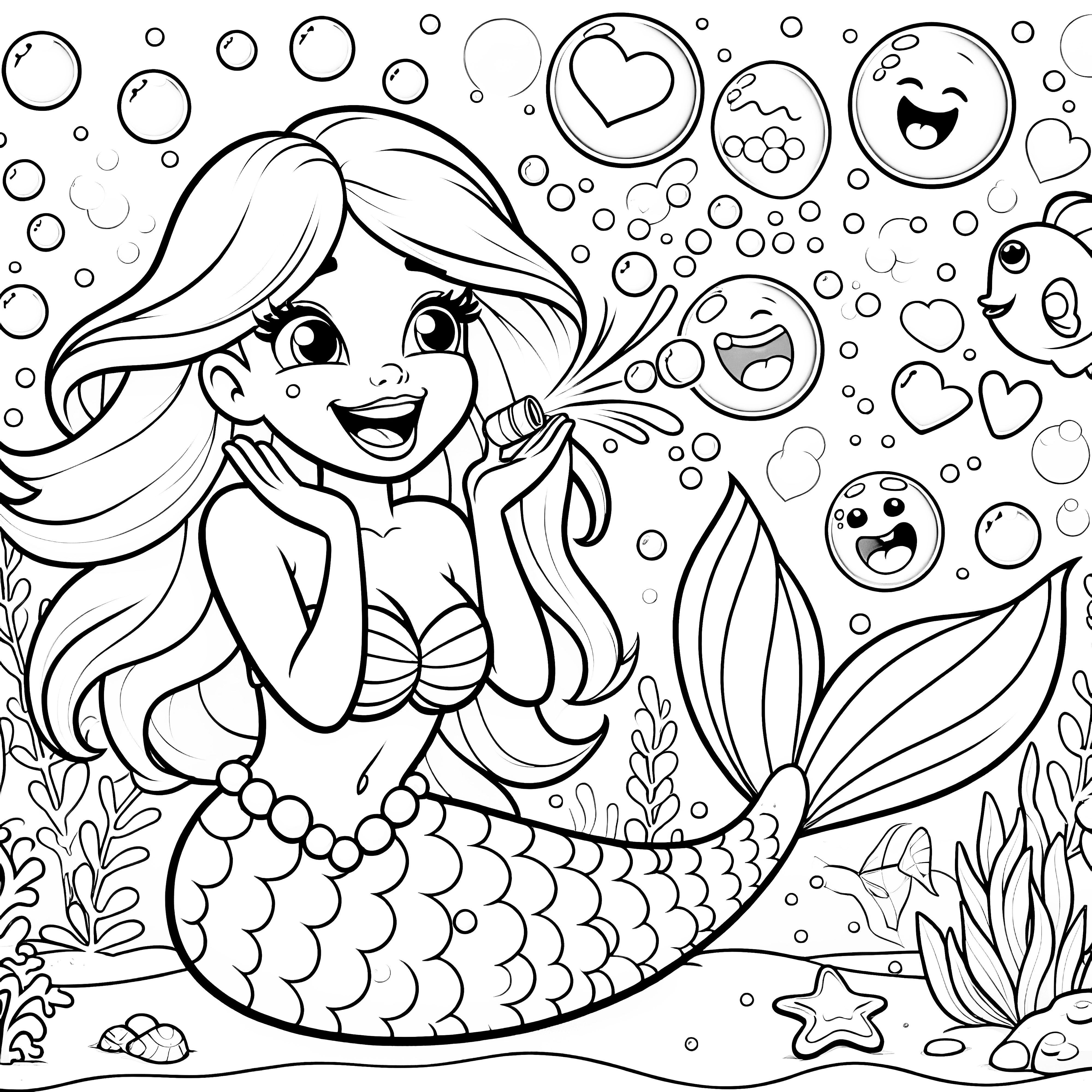 Joyeuse sirène avec des émoticônes : Coloriage simple (Gratuit)