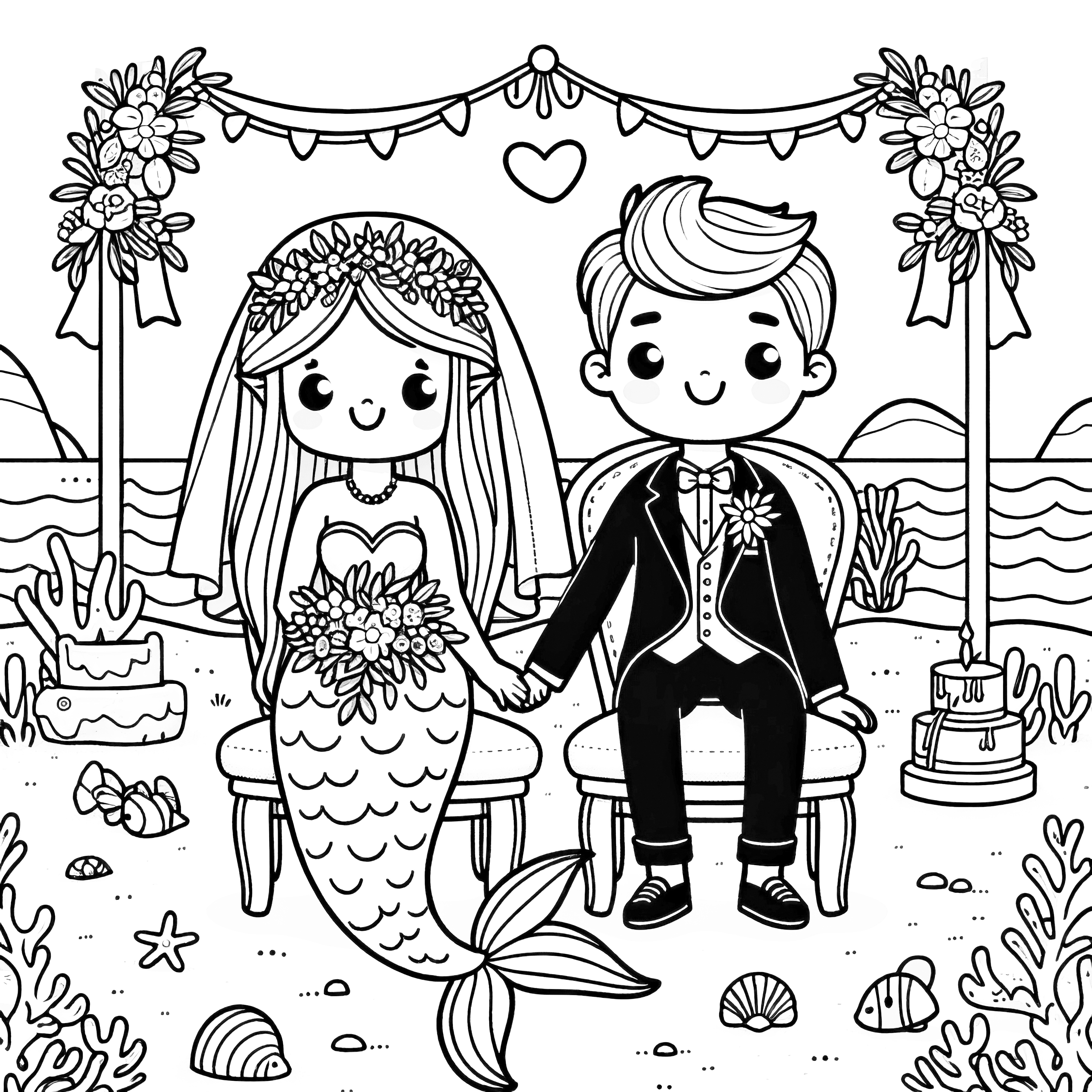 浜辺での人魚の結婚式：簡単な着色ページ（無料）