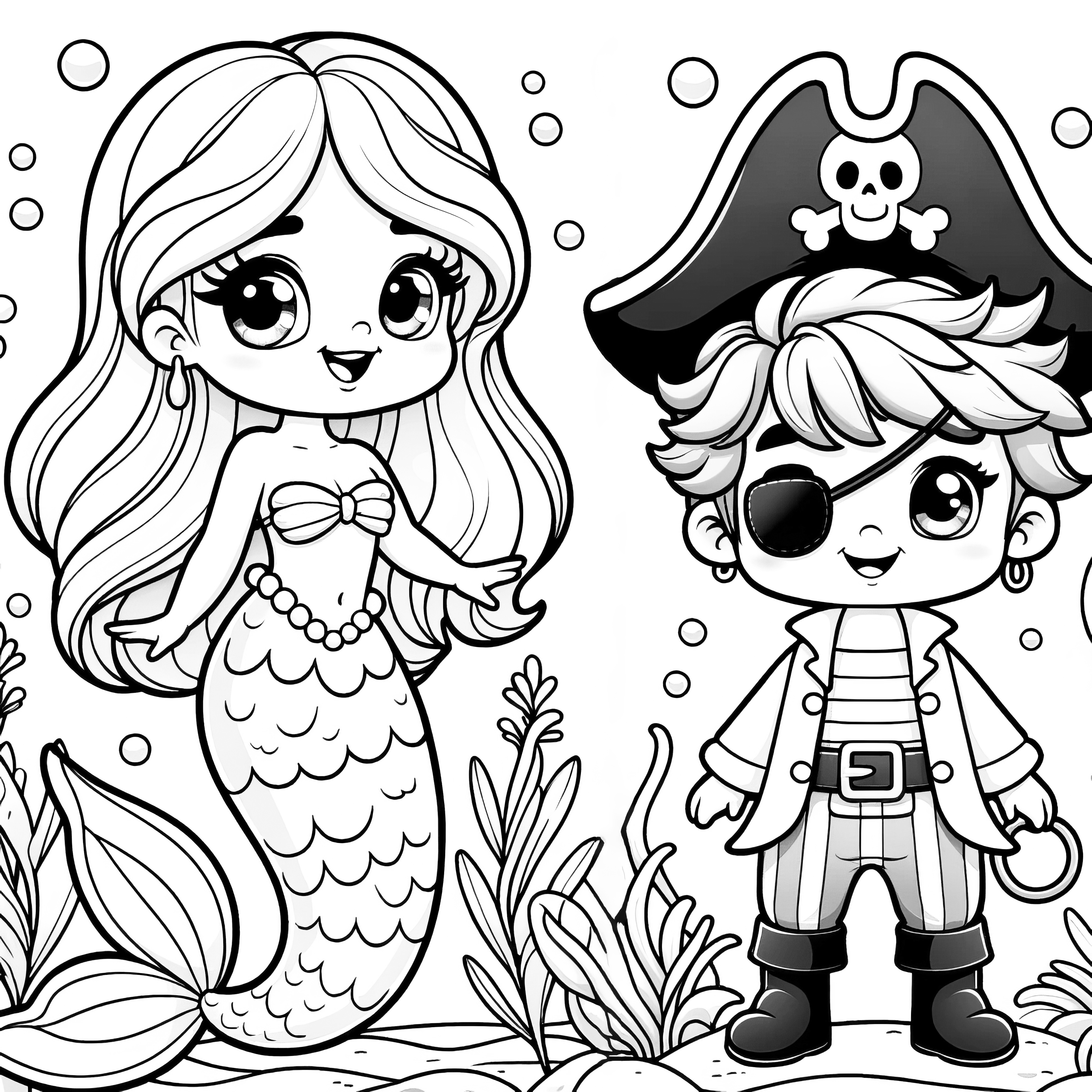 人魚と海賊：簡単な塗り絵（無料）
