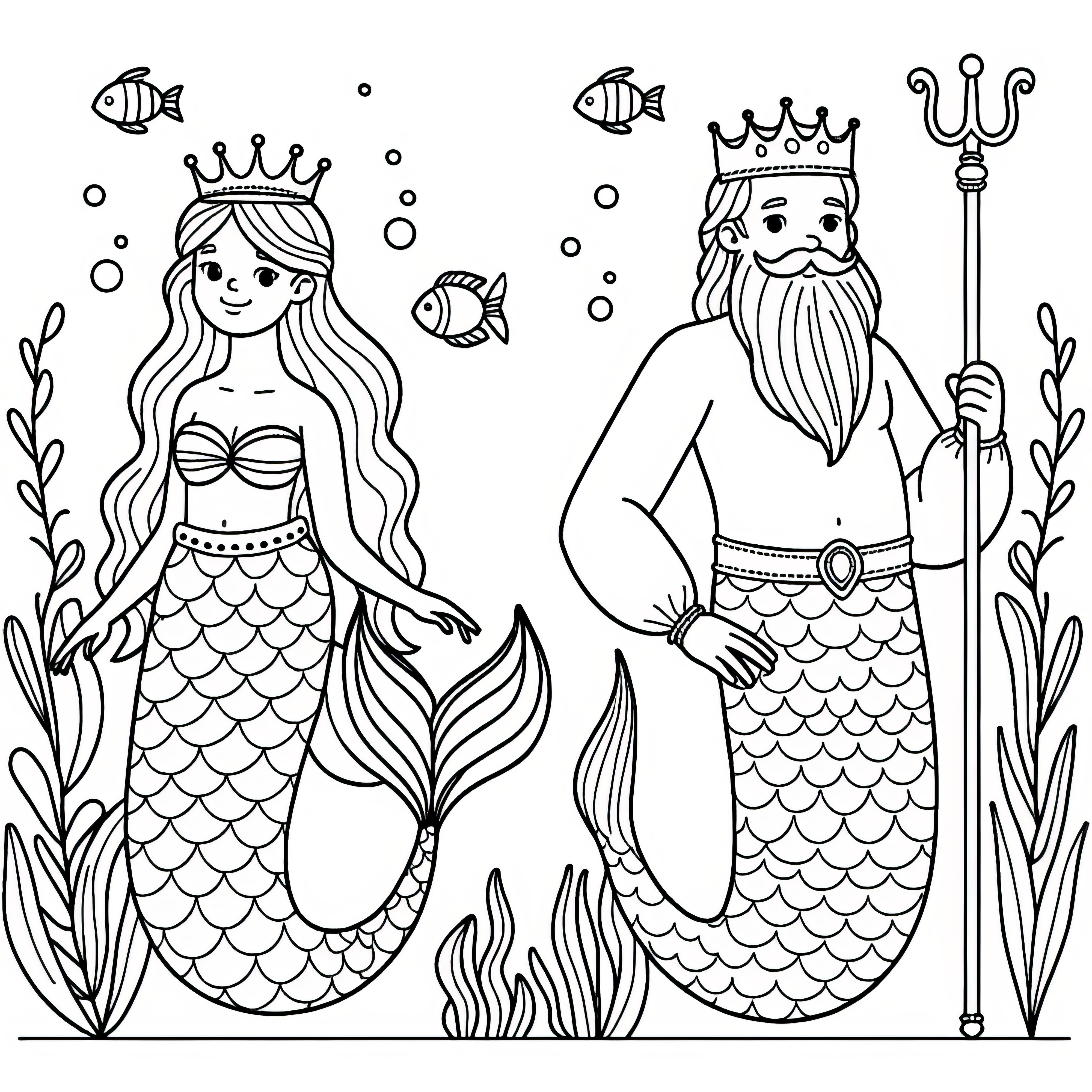 Mermaid with Poseidon - god of the sea: Simple coloring picture (Free)