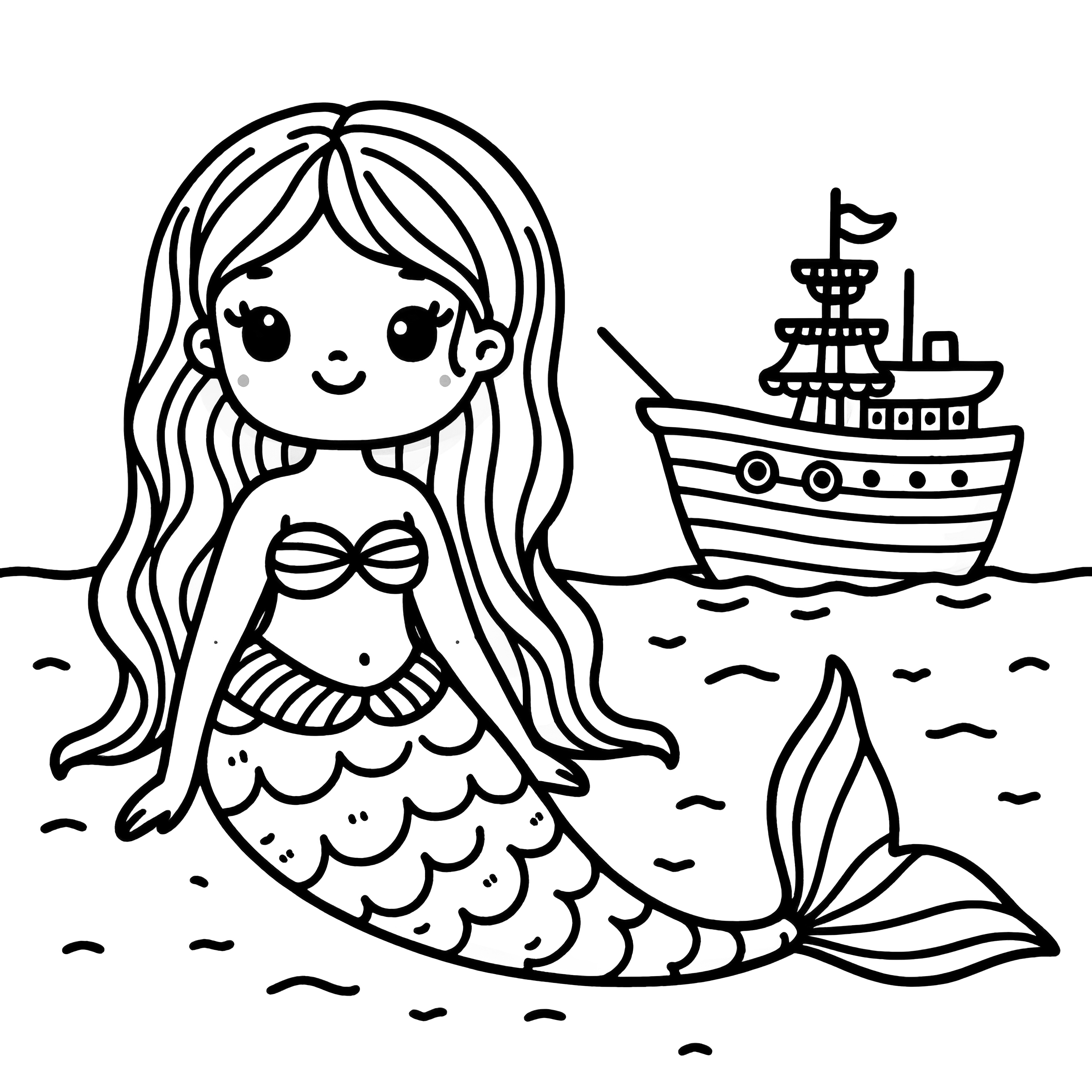 Mermaid and ship: Simple coloring page with thick outlines (Free)