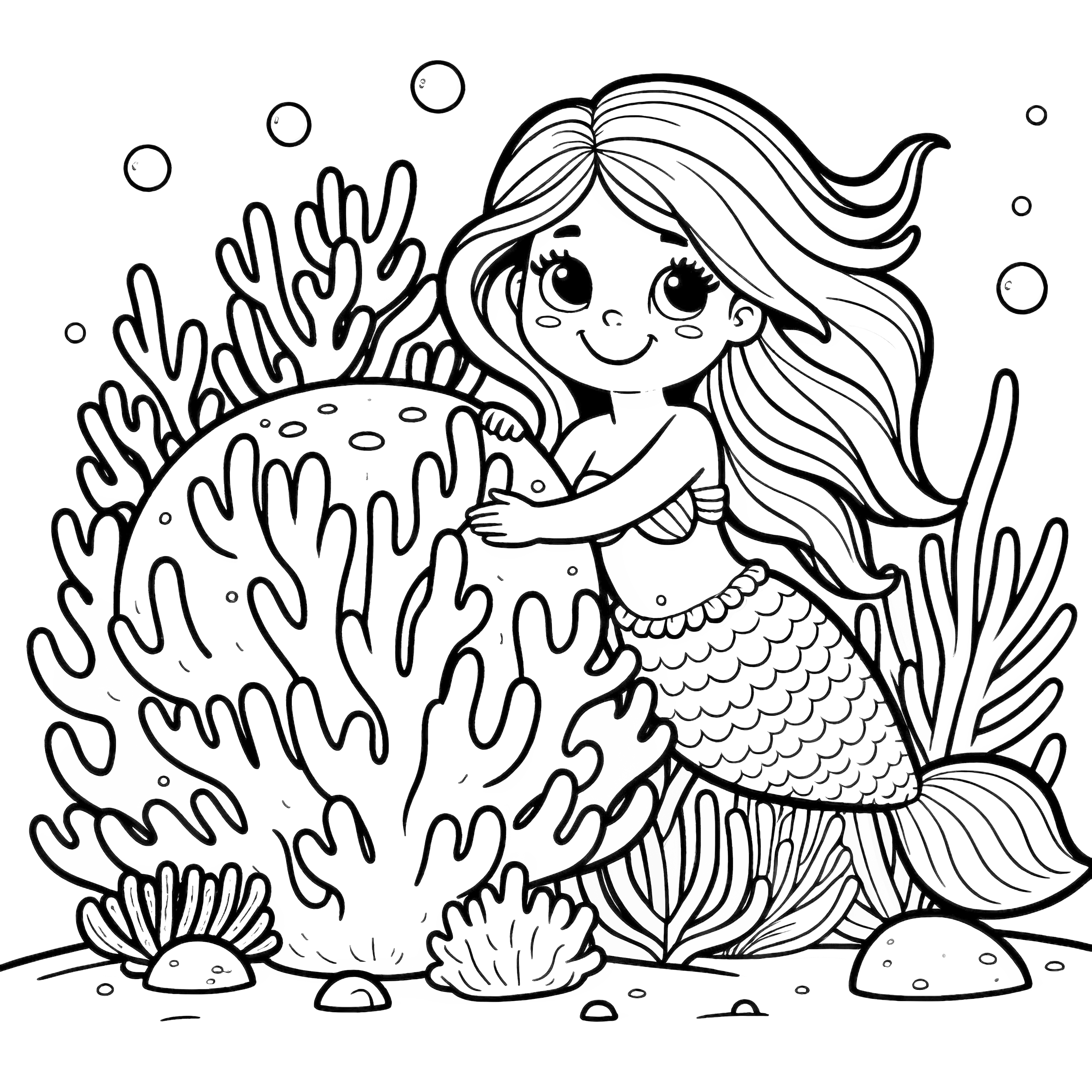 海の花の中にいる人魚：簡単な塗り絵（無料）
