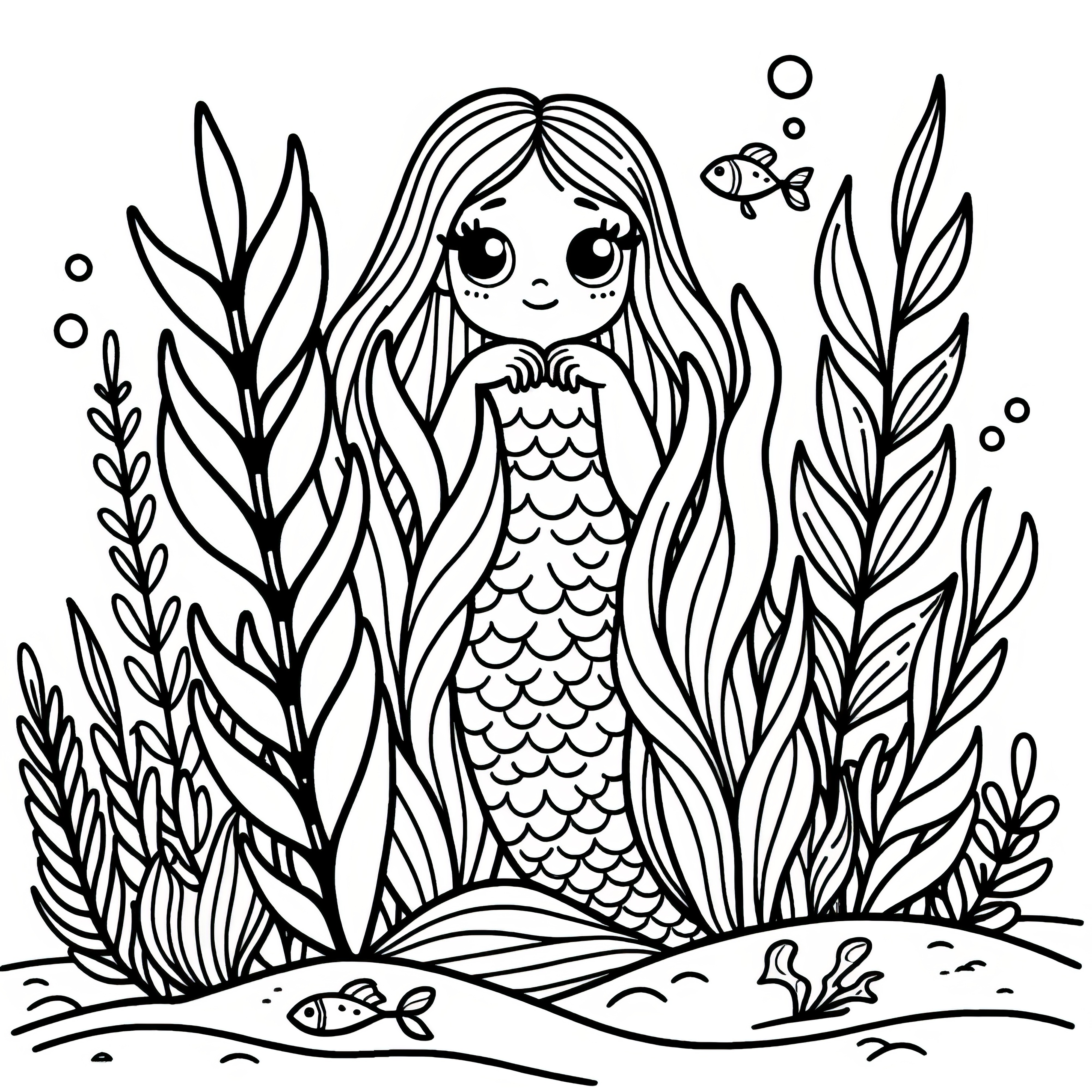 水草の間の人魚：小さな子供のための簡単な塗り絵（無料）