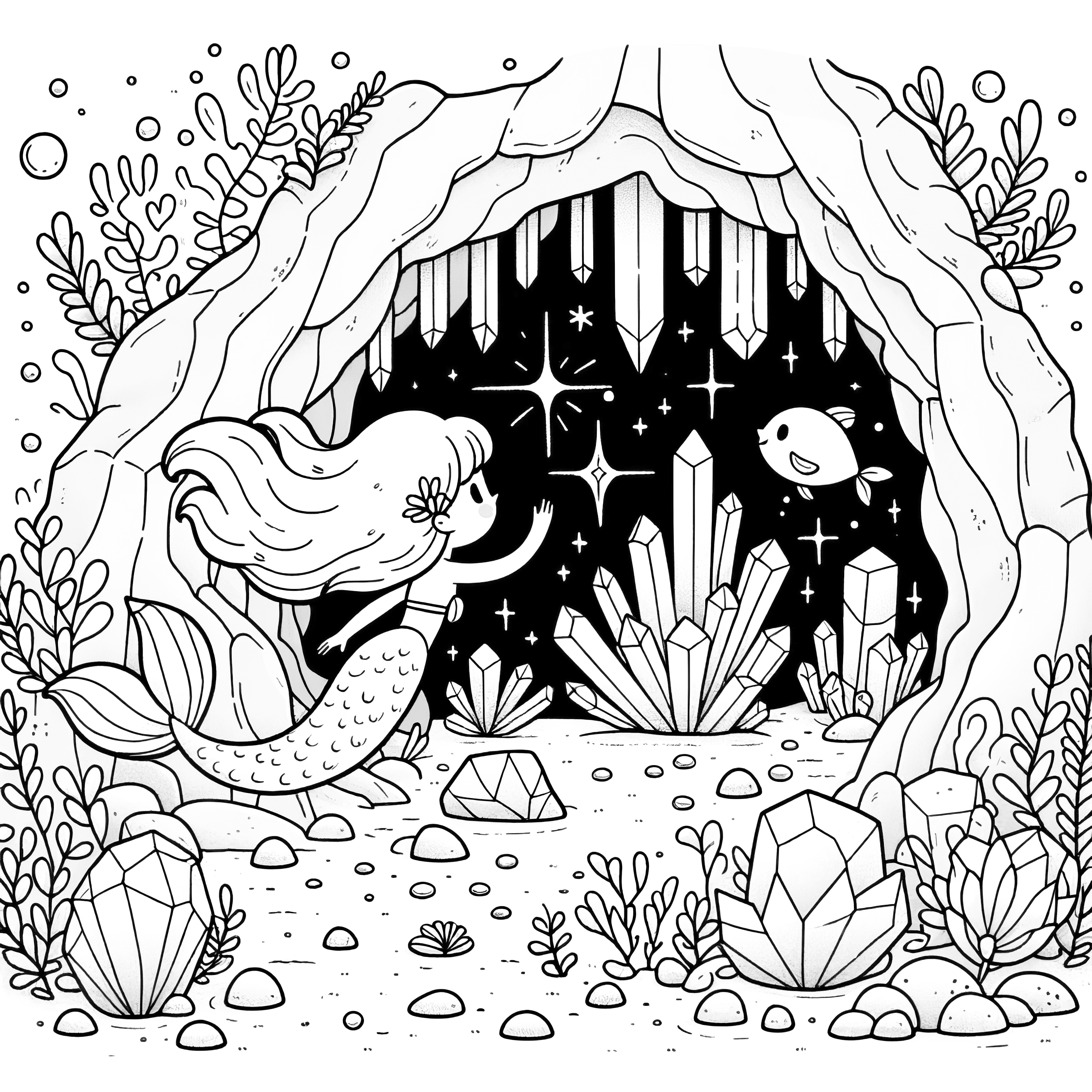 水著の女性が水中洞窟の入り口にいます：無料の塗り絵