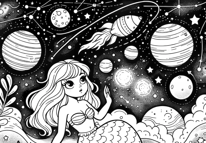 Mořská panna s planetami na obloze: Barevný obrázek zdarma