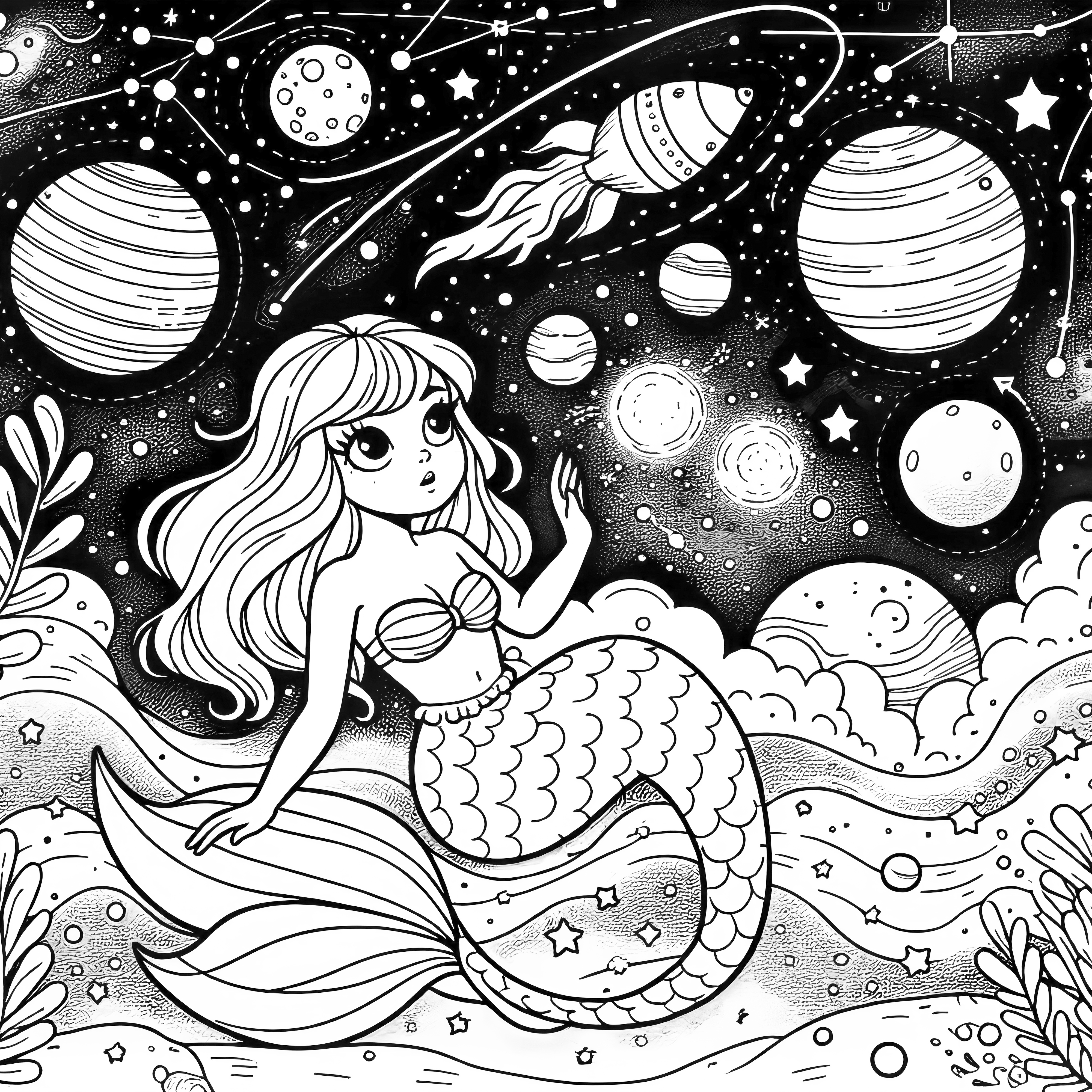 海の精霊と星空: 無料塗り絵