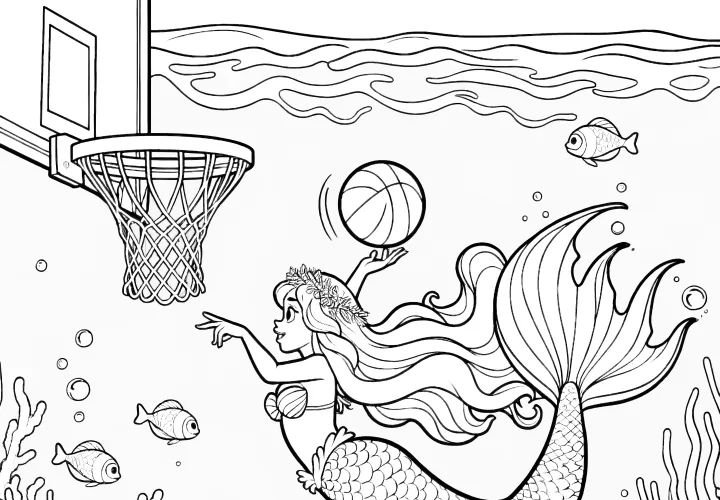 Mořská panna hraje basketbal: Obrázek k vybarvení (Zdarma)